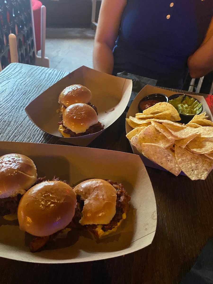 Pork Sliders Chips and Guacamole