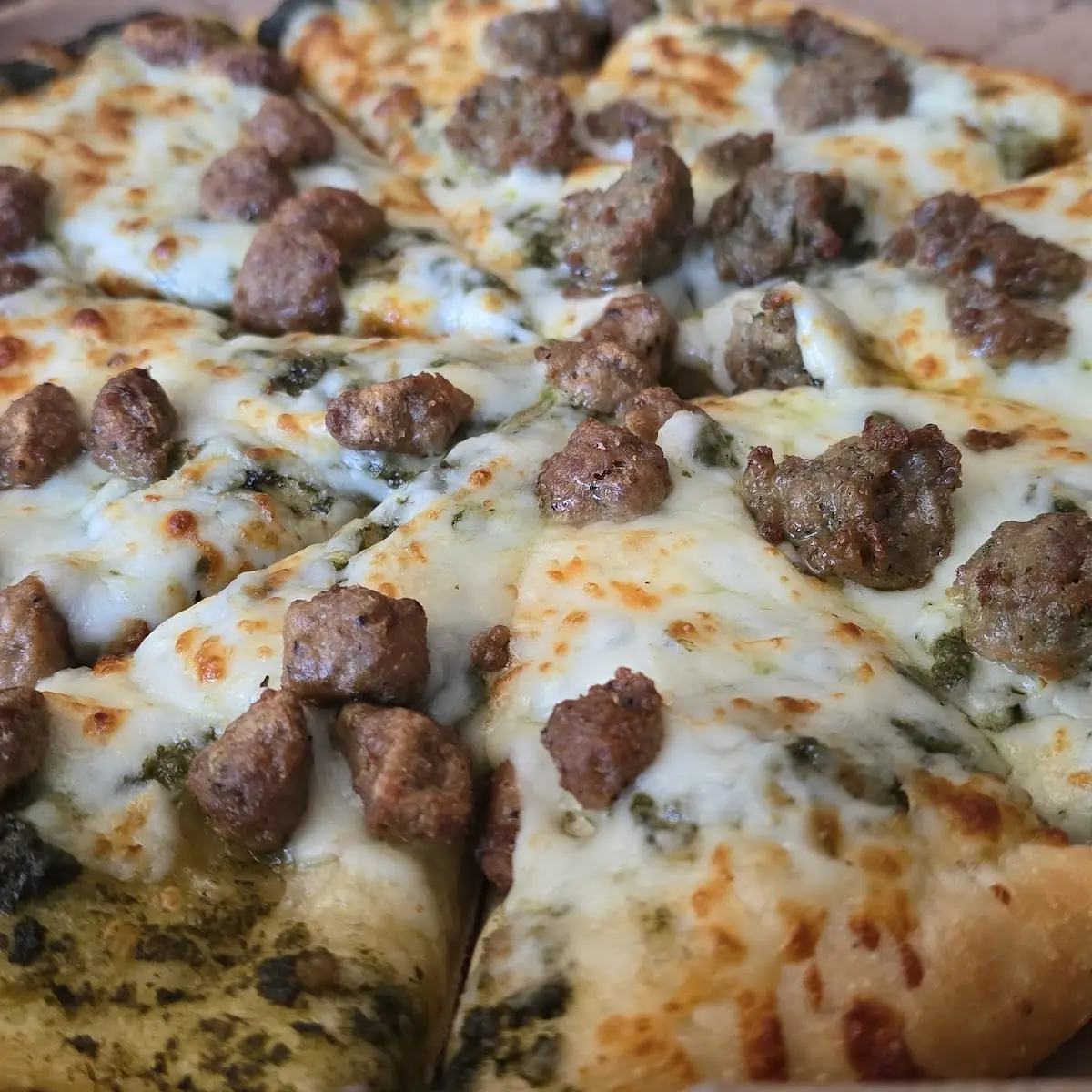 Pesto Base Pizza with Sausage and Meatballs