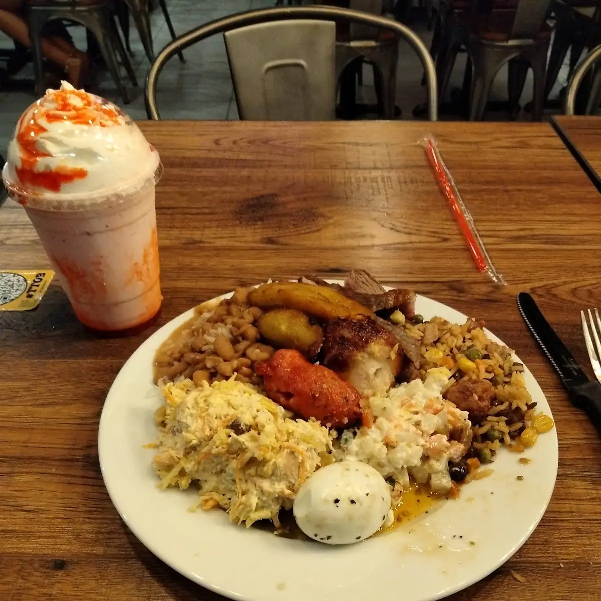 Rice & Beans Chicken Salad Steak Sausage Chicken Boiled Egg and Strawberry Milkshake