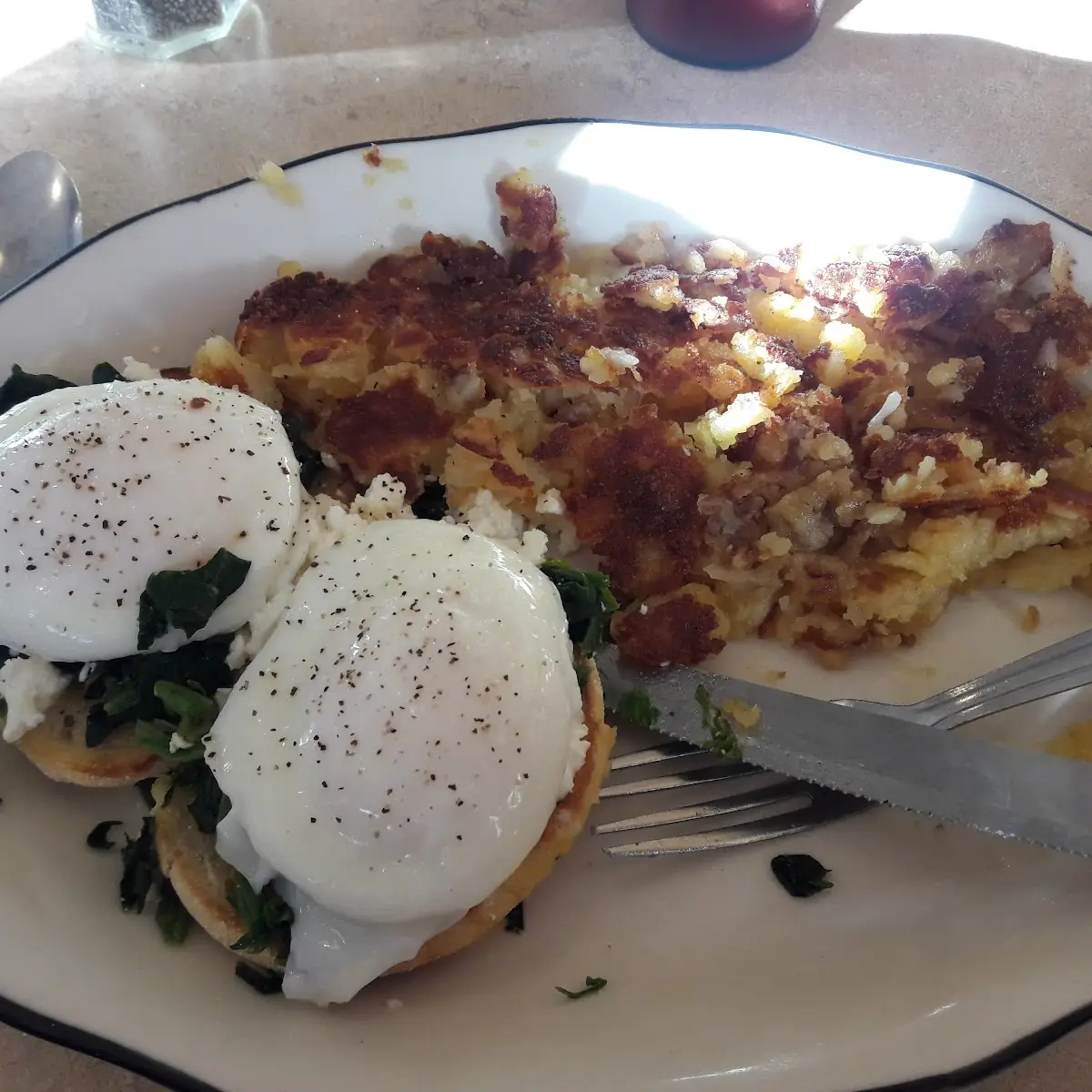Poached Eggs Florentine with Hash Brown Potatoes