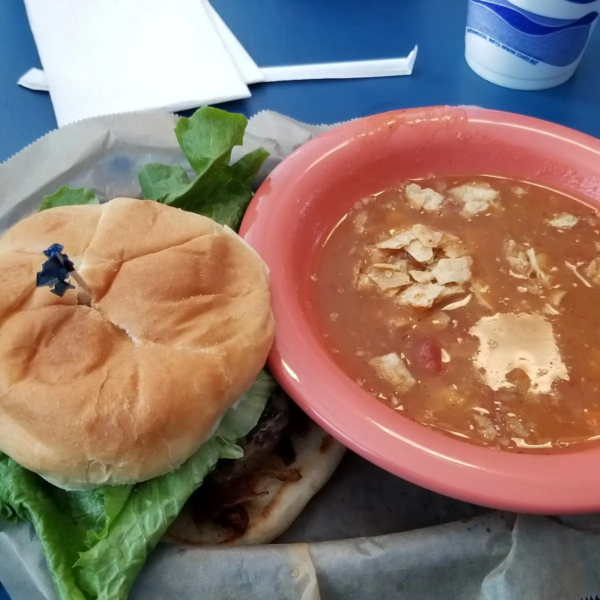 Bacon Burger with Chicken Tortilla Soup