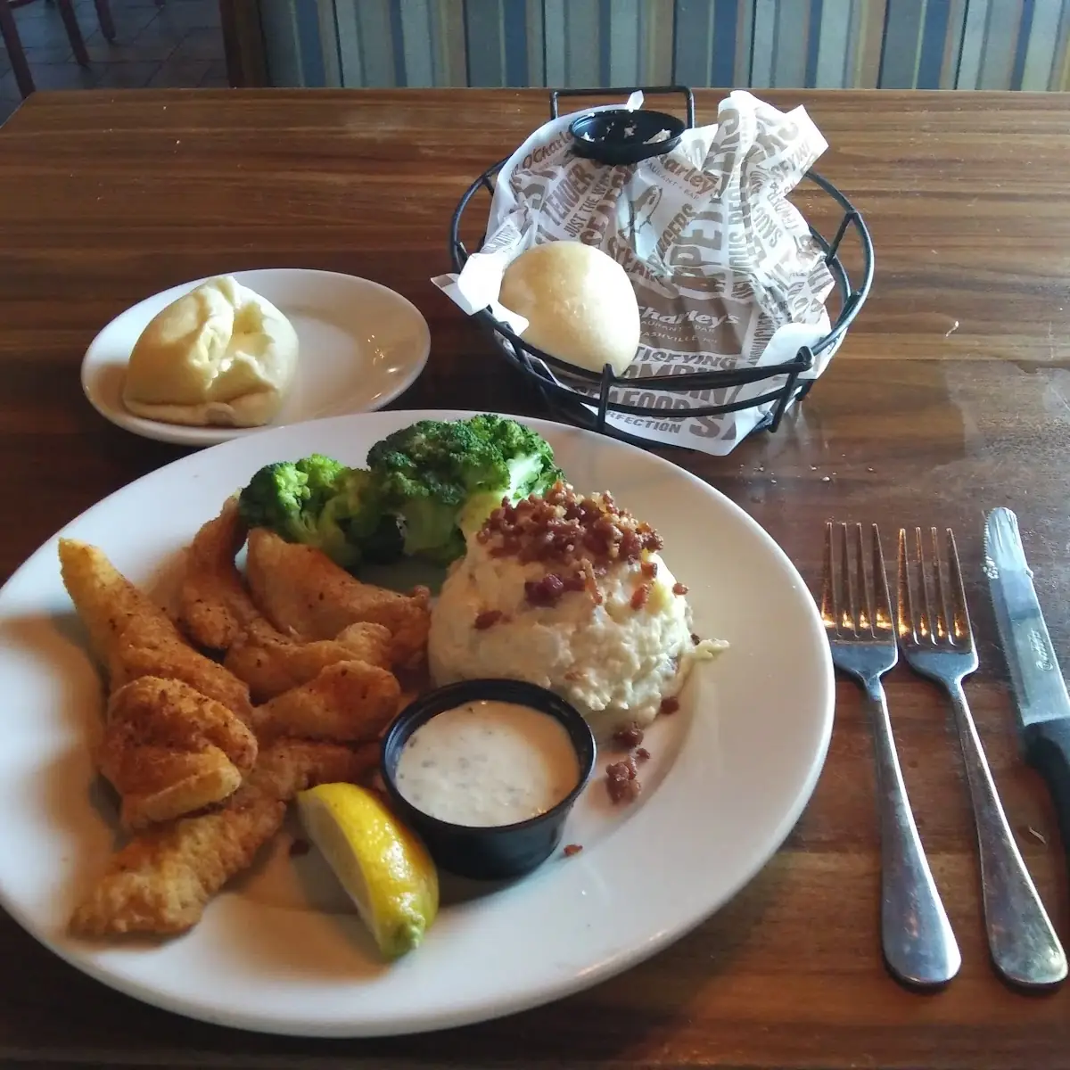 Corn Breaded Catfish Dinner with Mashed Sweet Potatoes and Steamed Broccoli