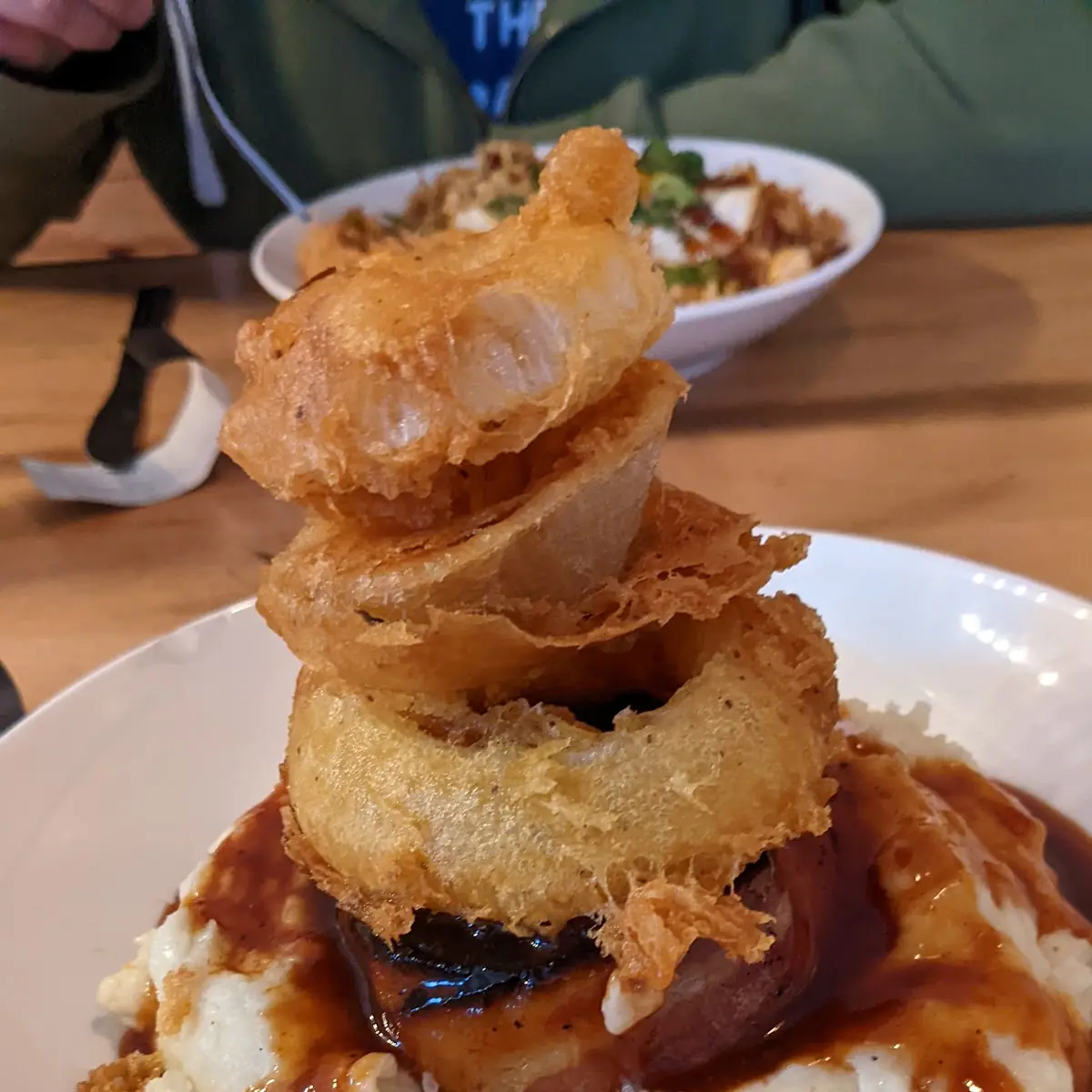 Bacon Wrapped Meatloaf with Mashed Potatoes and Onion Rings