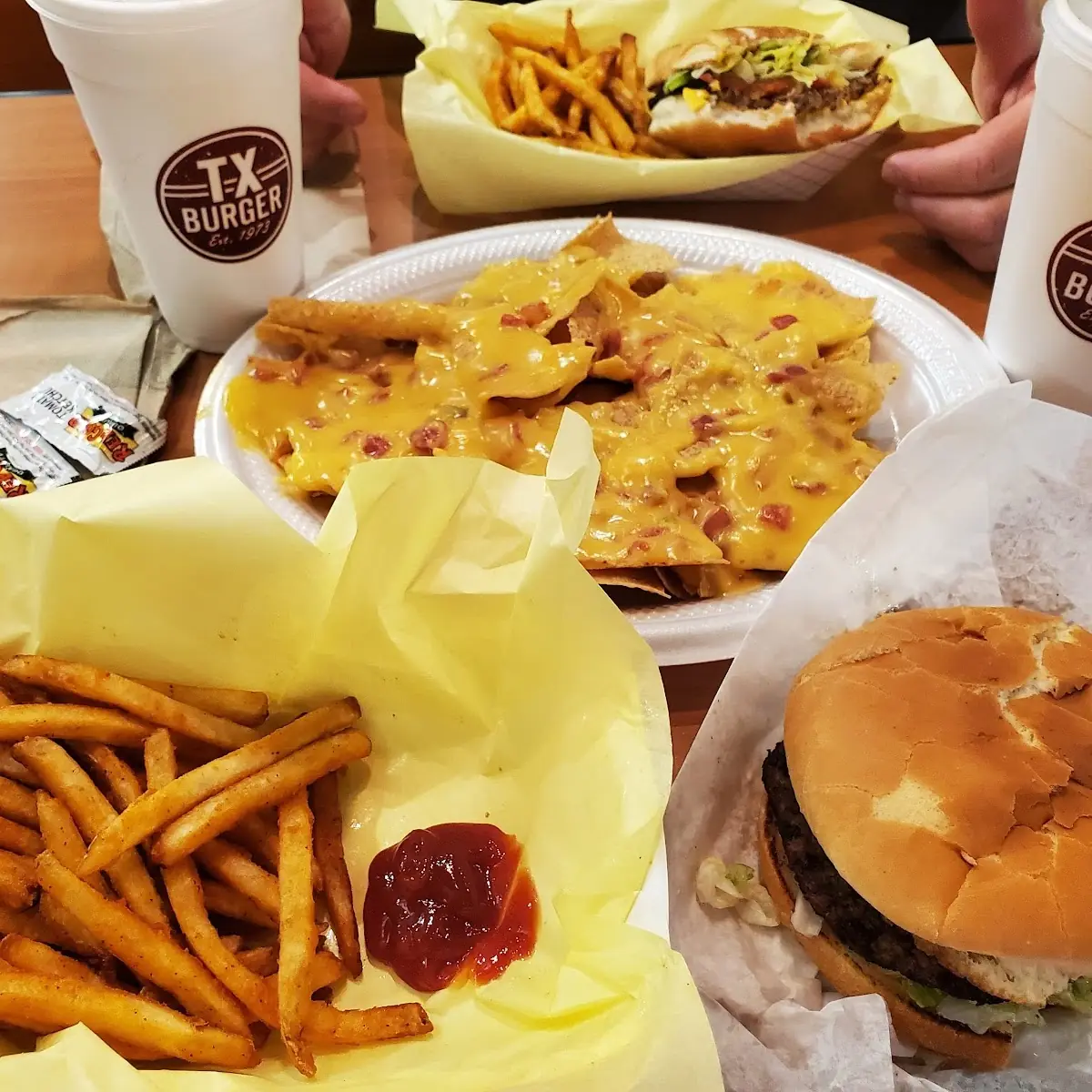 Burger and Fries Plus Nachos with Cheese