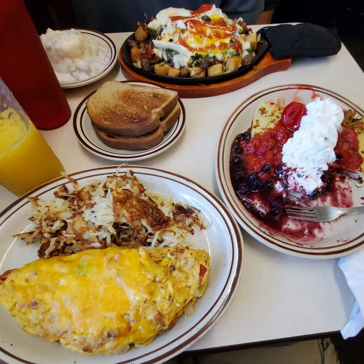 Waffle Platter and Corned Beef Hash and Scrambled Eggs