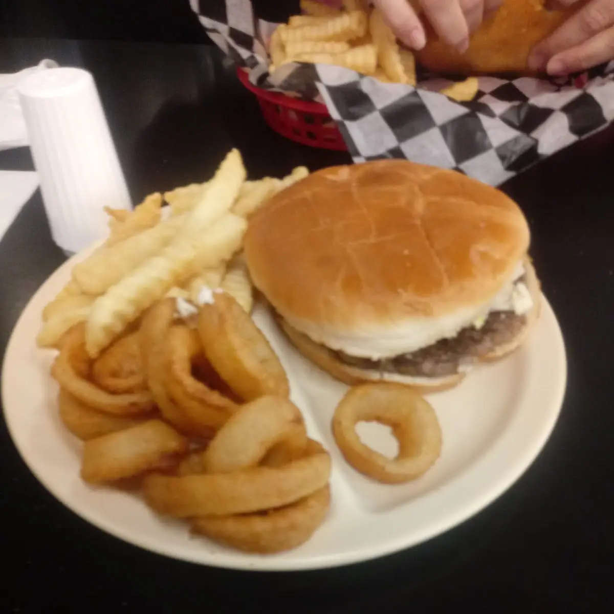 Enough Burger w Fries and Onion Rings