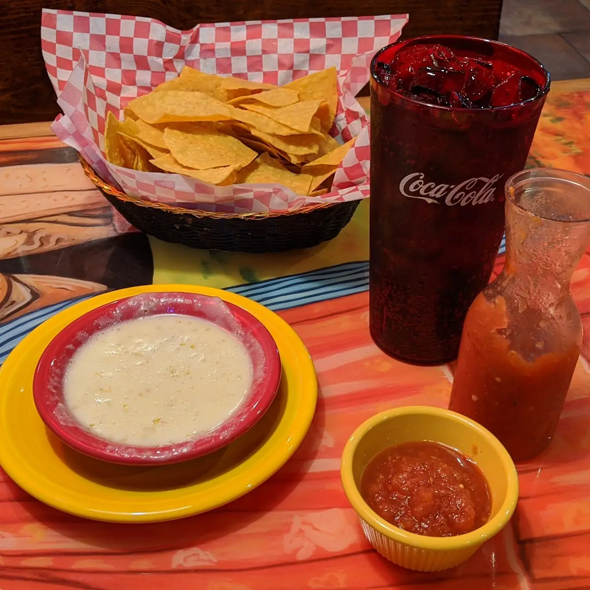 Chips Salsa Queso and Drink