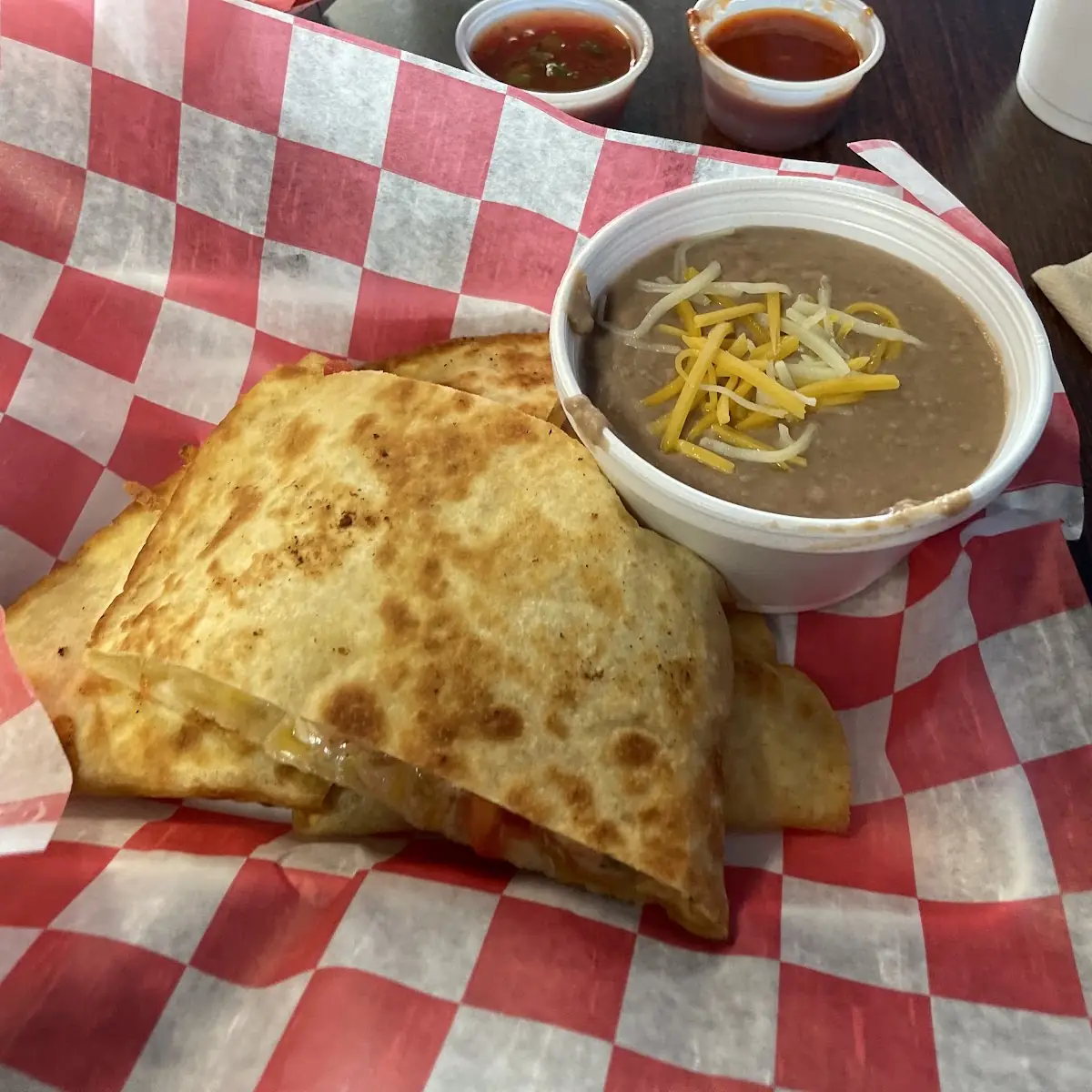 Shrimp Quesadilla and Refried Beans