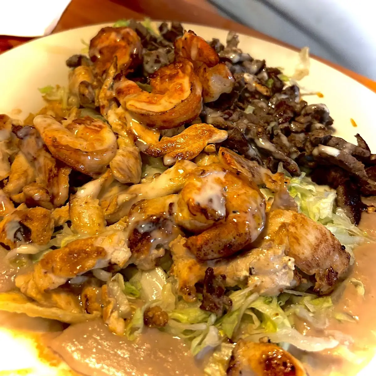 Salad with Steak Chicken and Shrimp