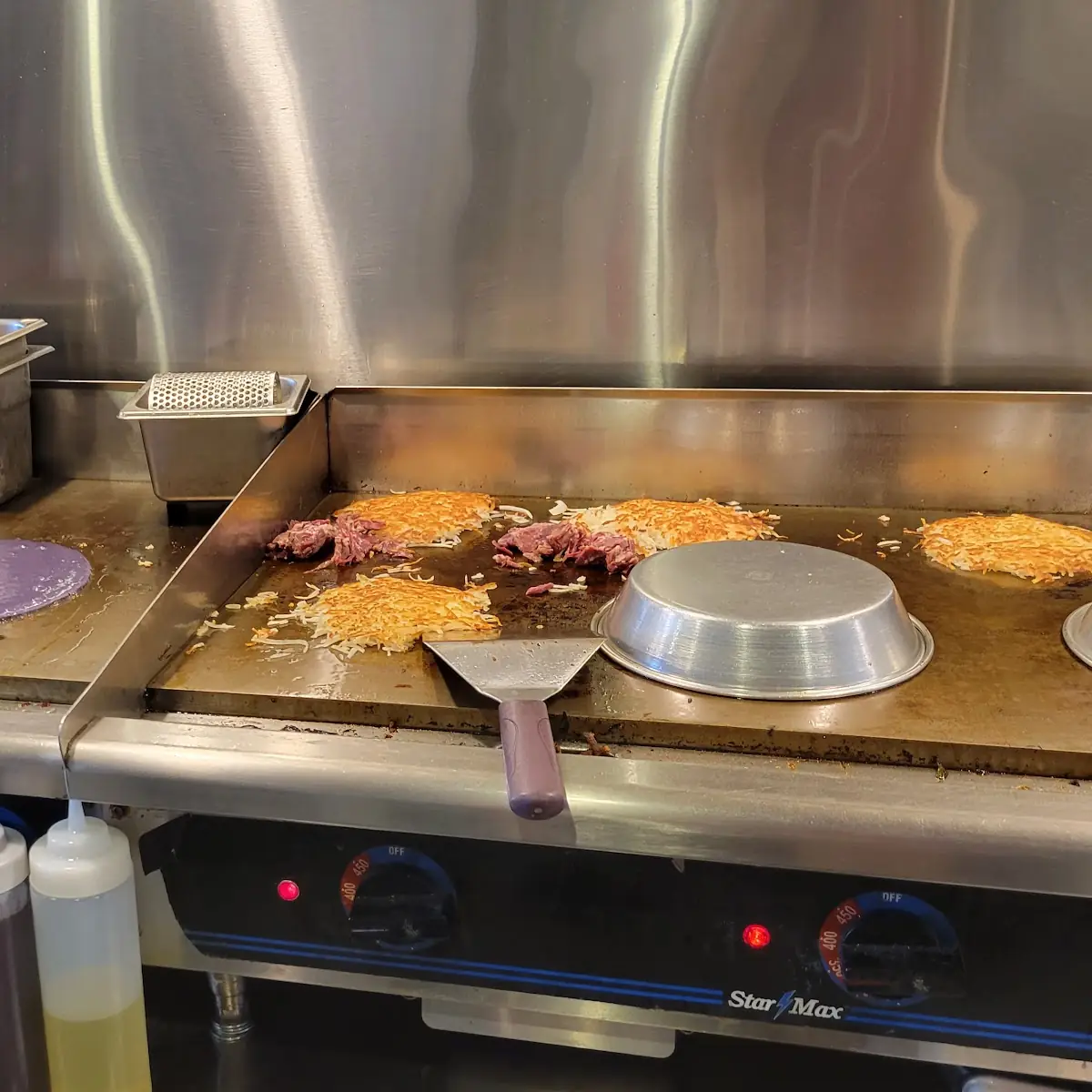 Purple Ube Potato Pancakes on Left