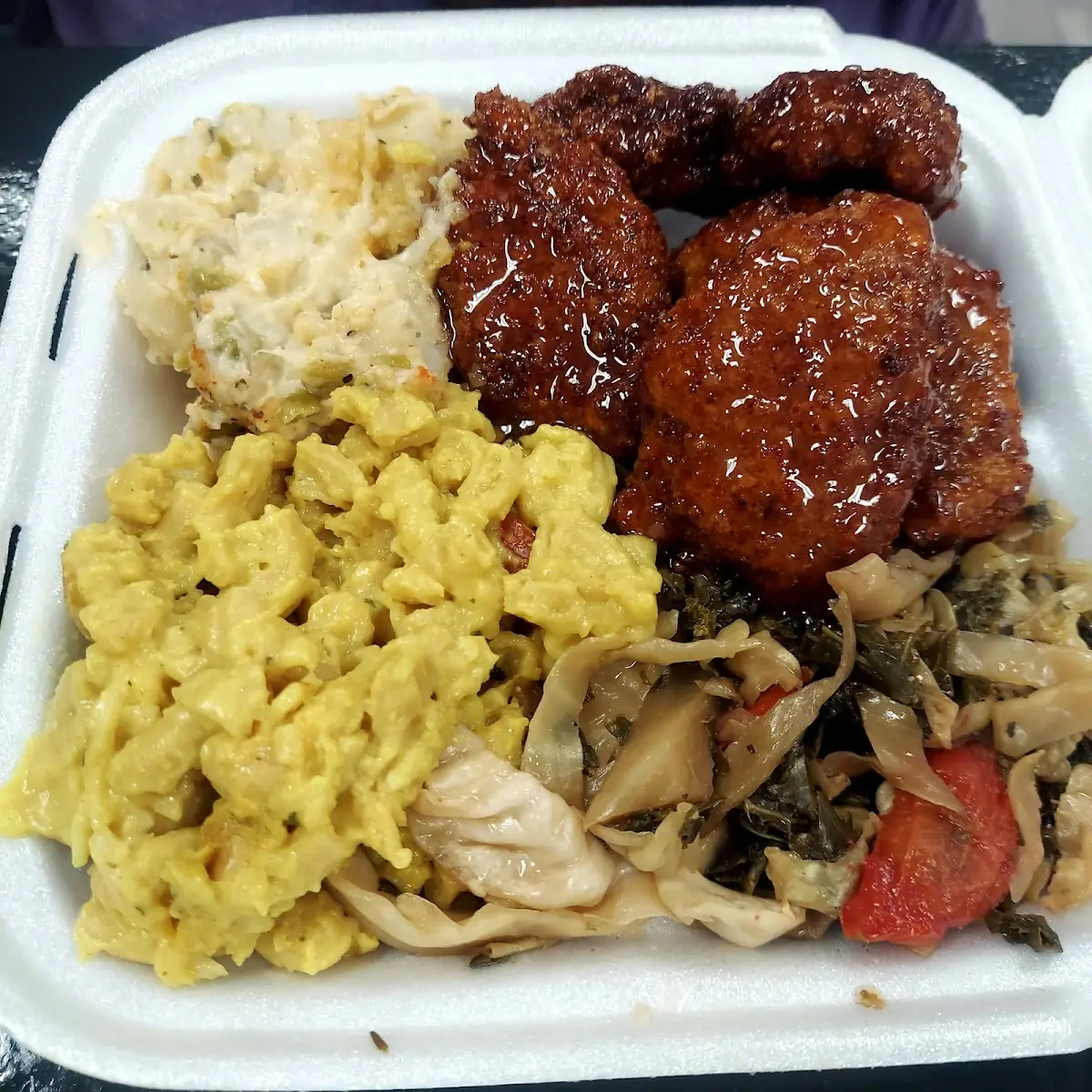 Fried Chik'n with Macaroni and Potato Salad