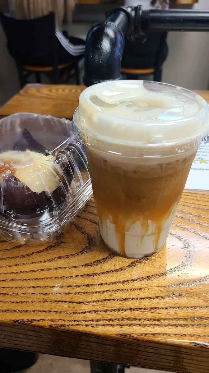 Blueberry Muffin with Cheesecake Filing and White Chocolate Caramel Latte with Oat Milk