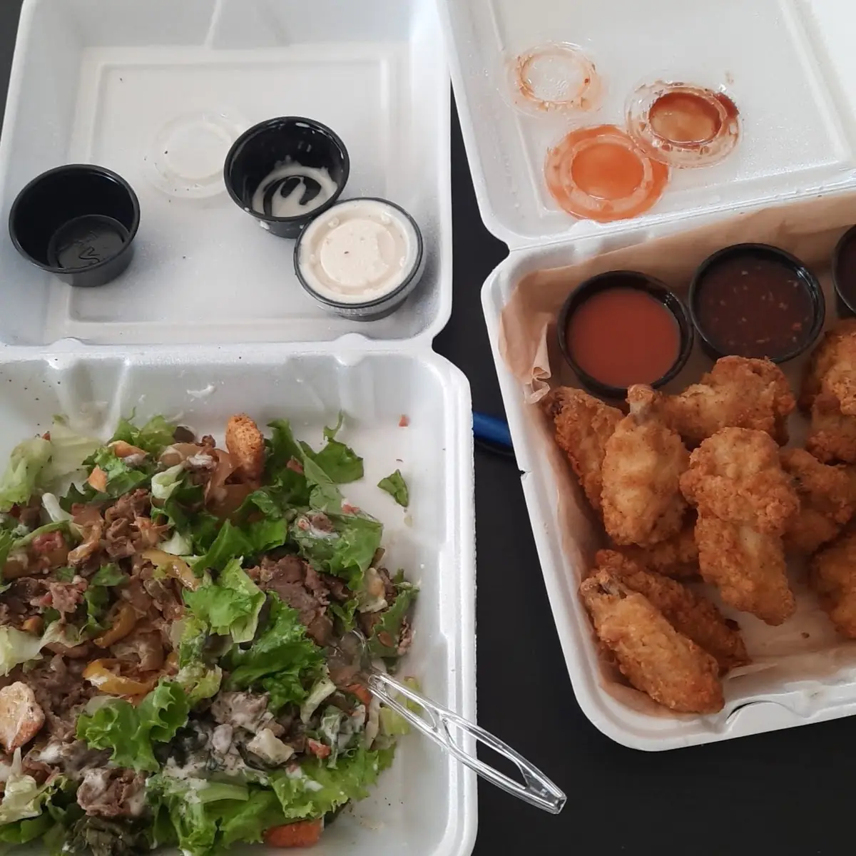 Steak Salad and Hot Wings Bone In