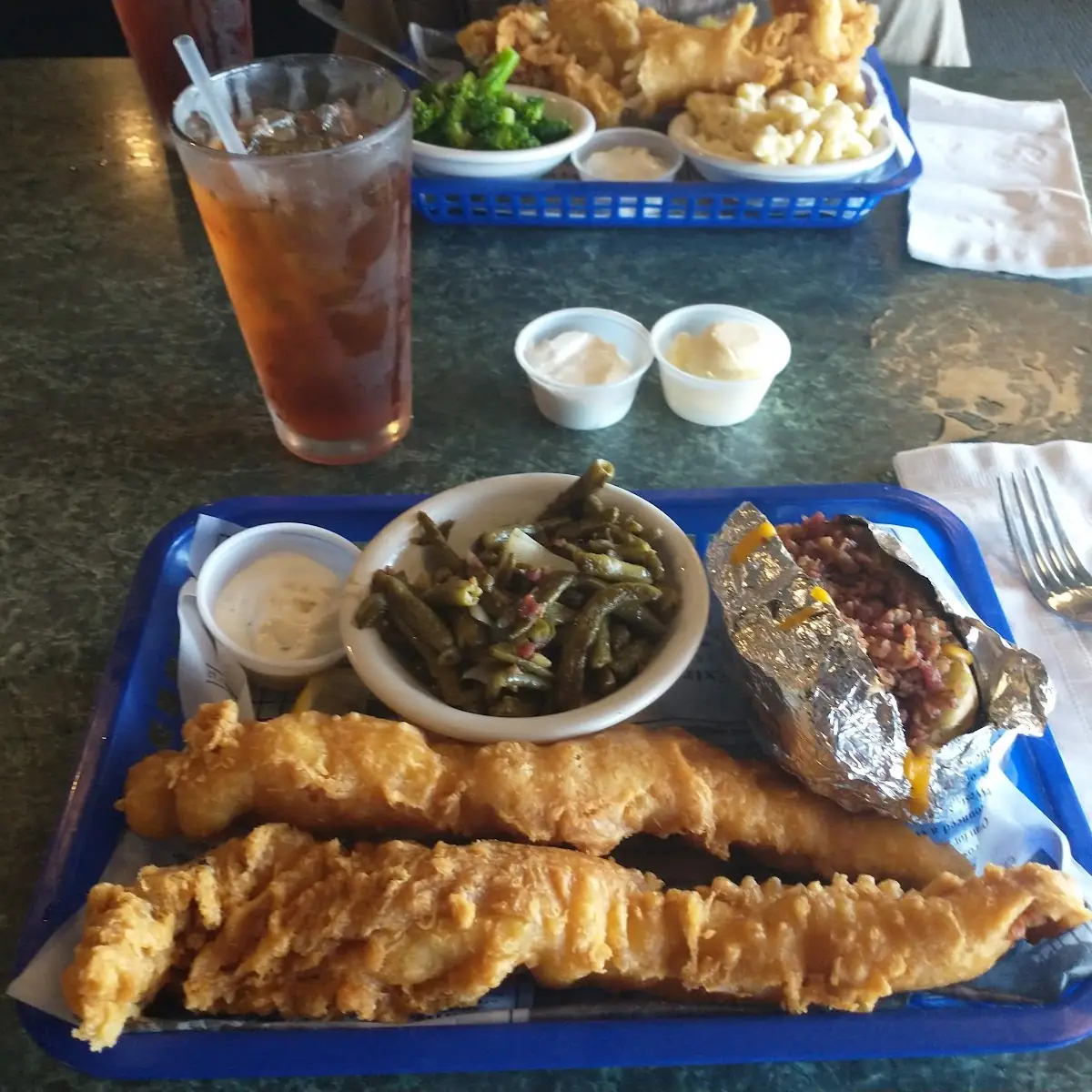 Beer Battered Walleye Dinner with Fully Loaded Baked Potato Green Beans and a Sweet Tea