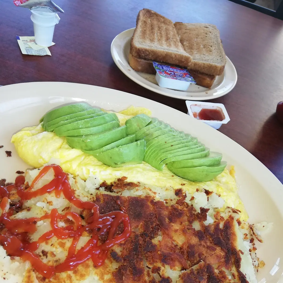 Eggs and Hashbrowns Side of Avocado Toast
