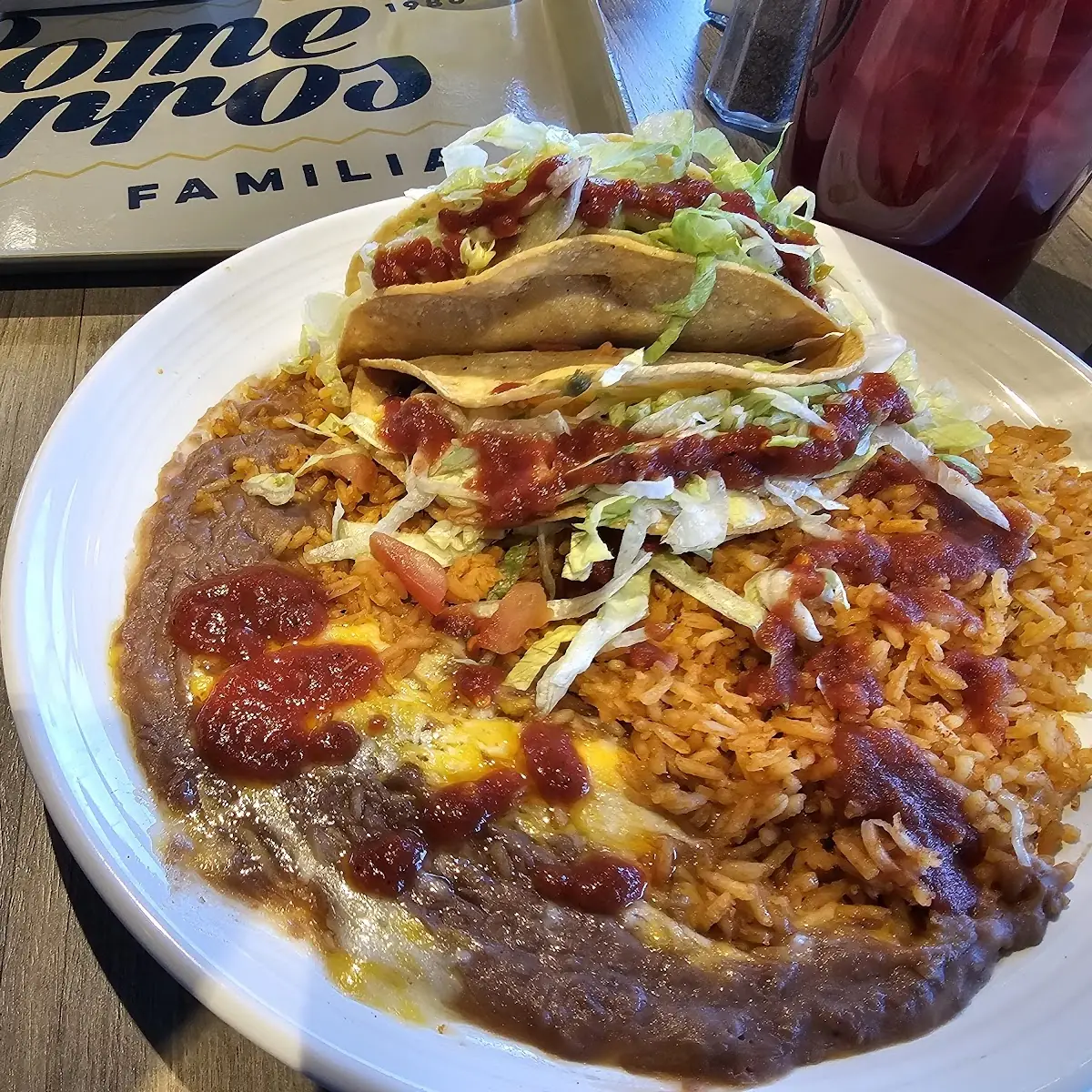 Crispy Shredded Beef Tacos w Rice & Beans