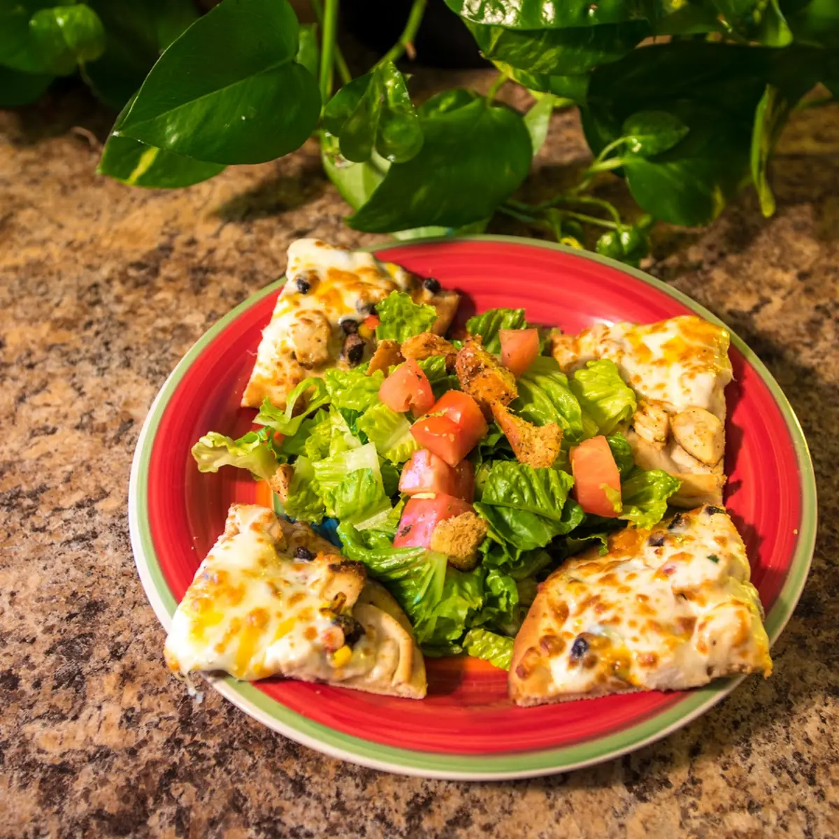 Black Bean Chicken Flatbread with Cesar Salad