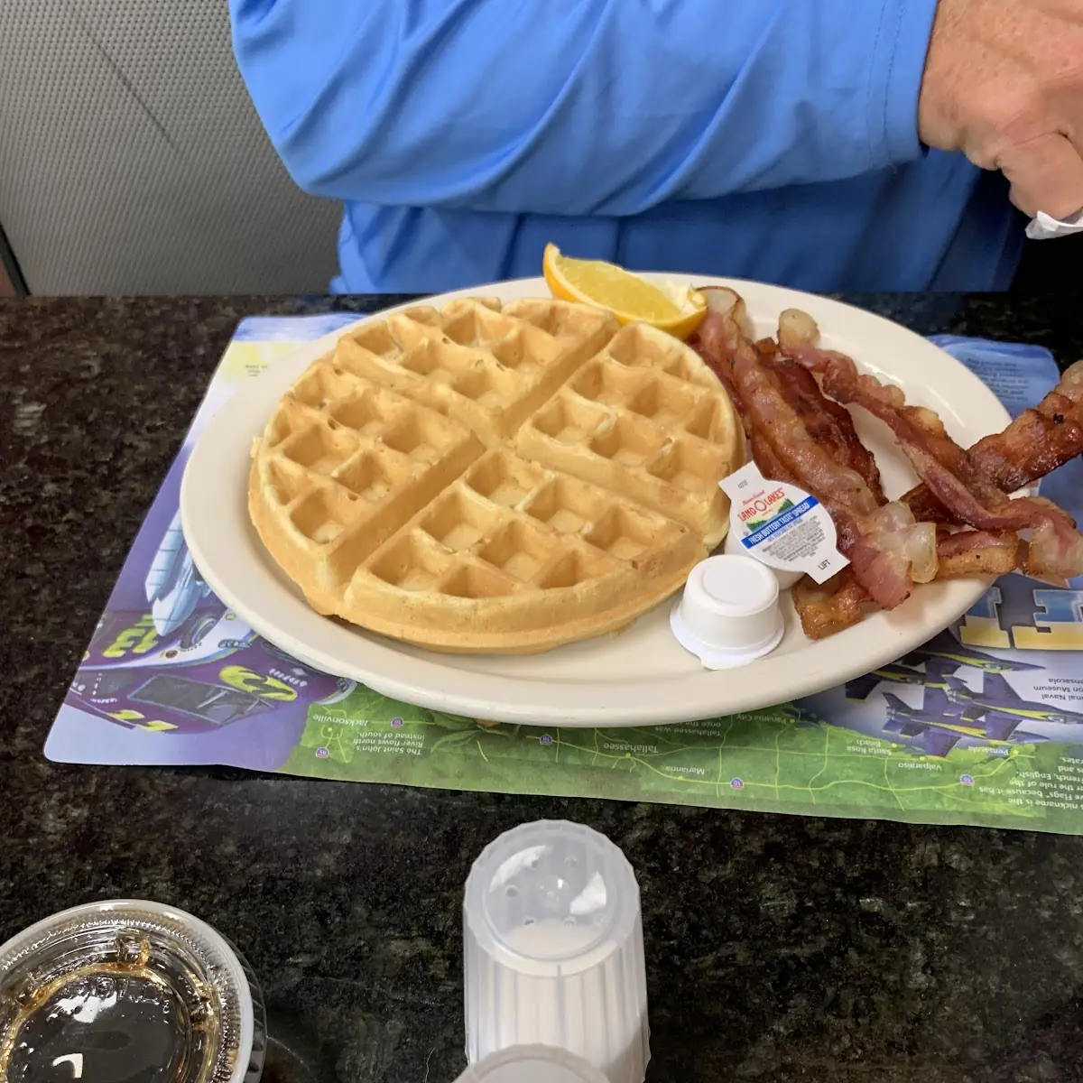One Waffle with 2 Eggs 2 Bacon or 2 Links with Two Eggs Two Sausage Links or Two Bacon Strips