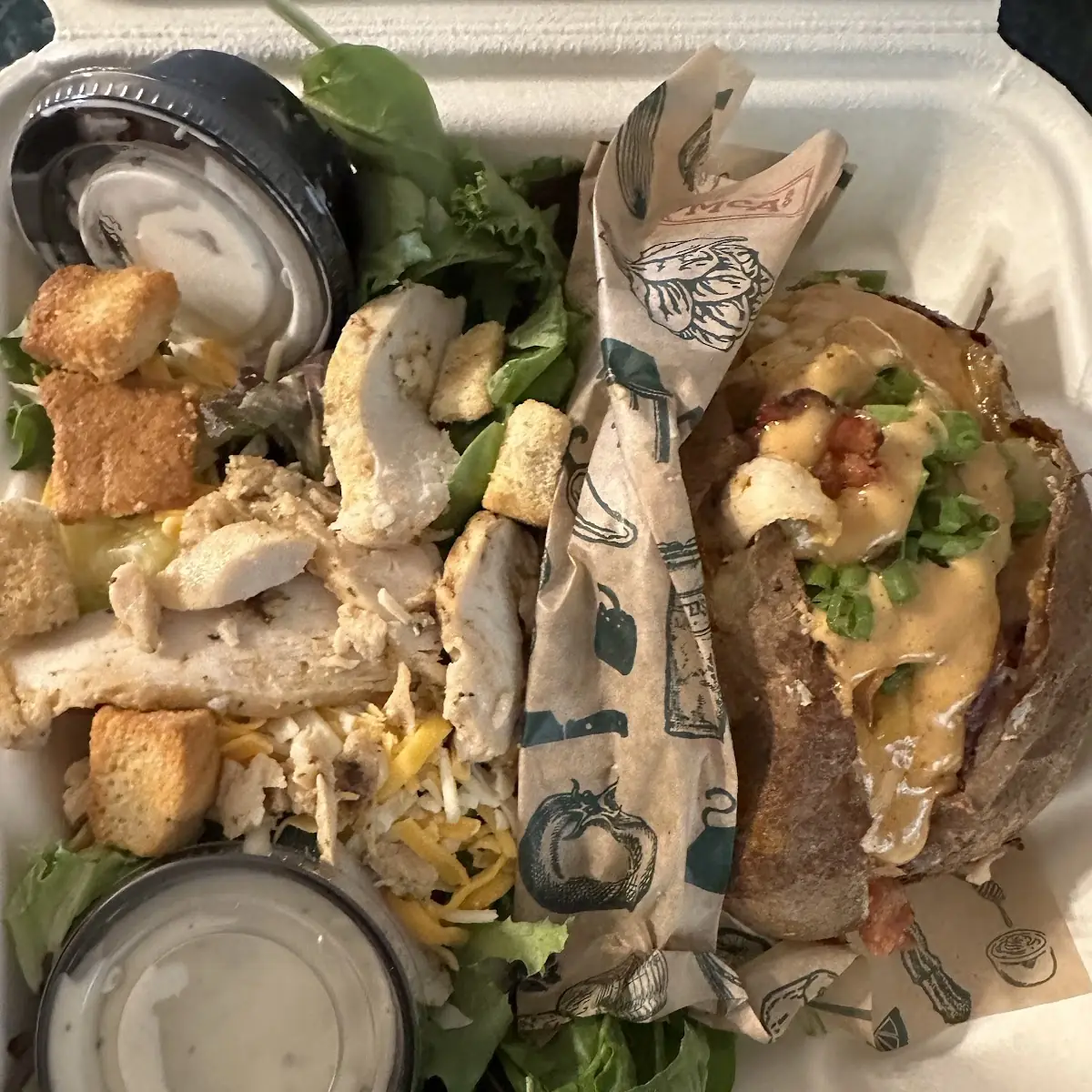 Half Chef Salad and Half Chipotle Chicken Bacon Spud