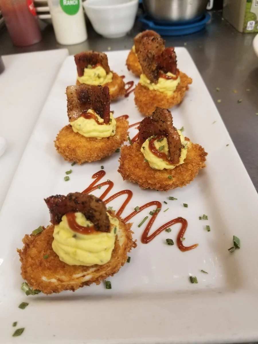 Deep Fried Deviled Eggs w Candied Bacon