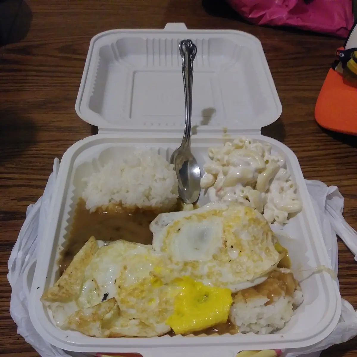 Loco Moco Hambuger Patties with Eggs over Easy & Rice with Brown Gravy & Macaroni Salad