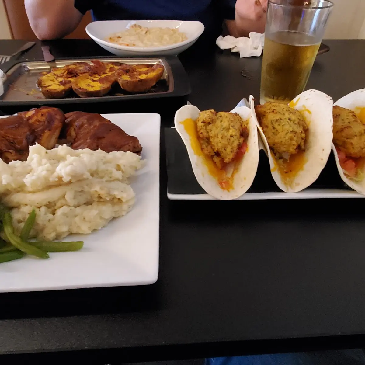 Crab Cake Tacos and Burbon Glazed Chicken