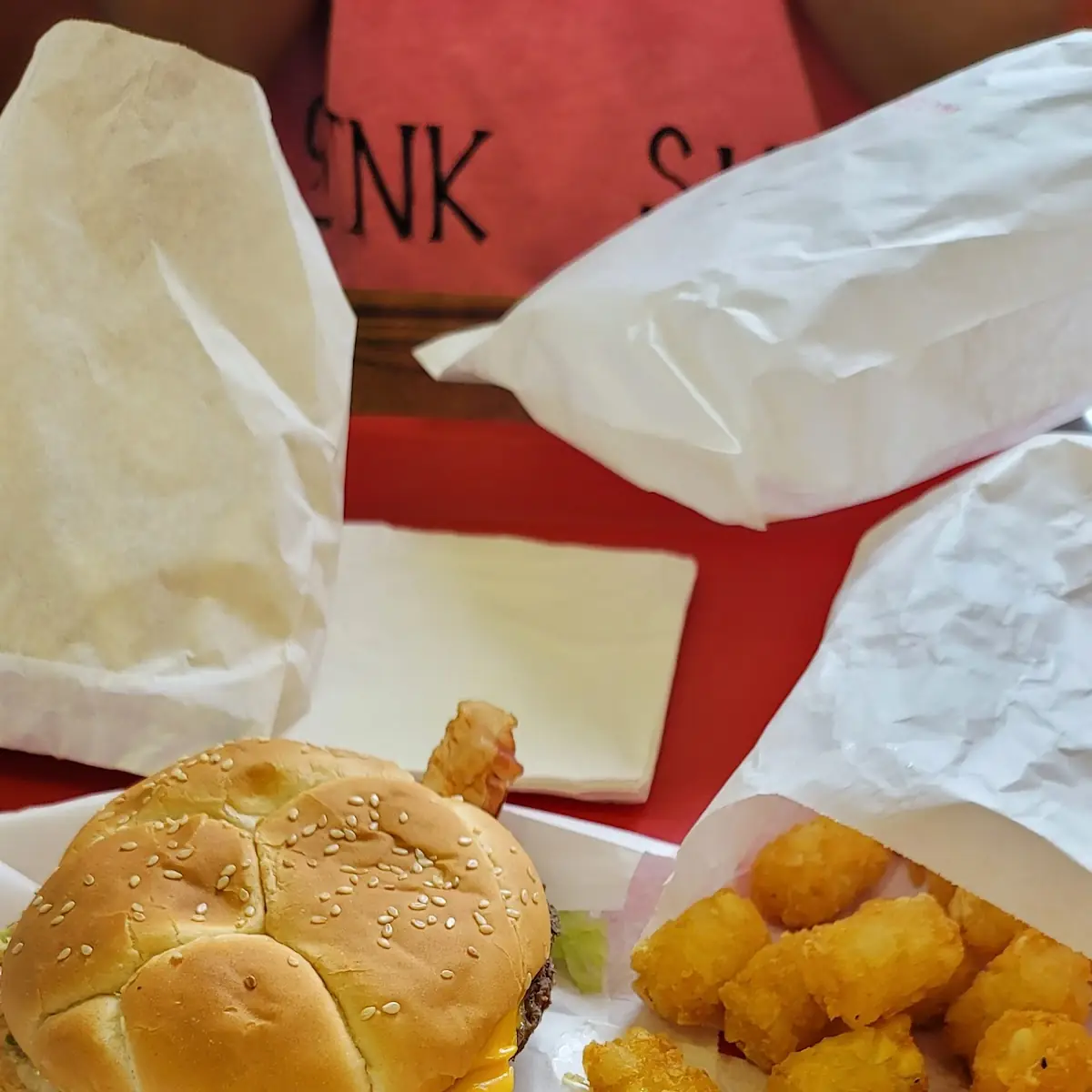 Double Bacon Burger and Tots