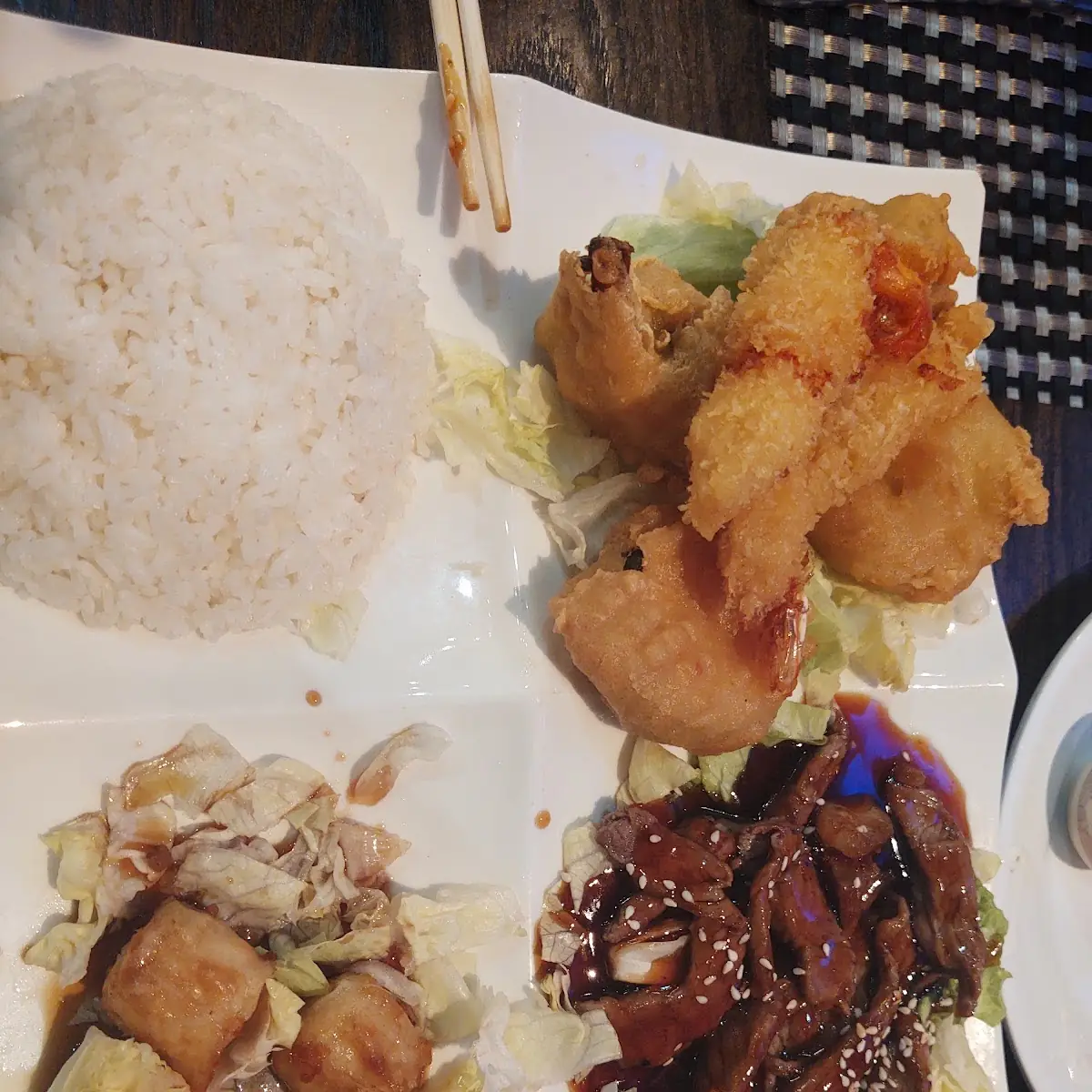 Beef Teriyaki with Shrimp and Vegetable Tempura