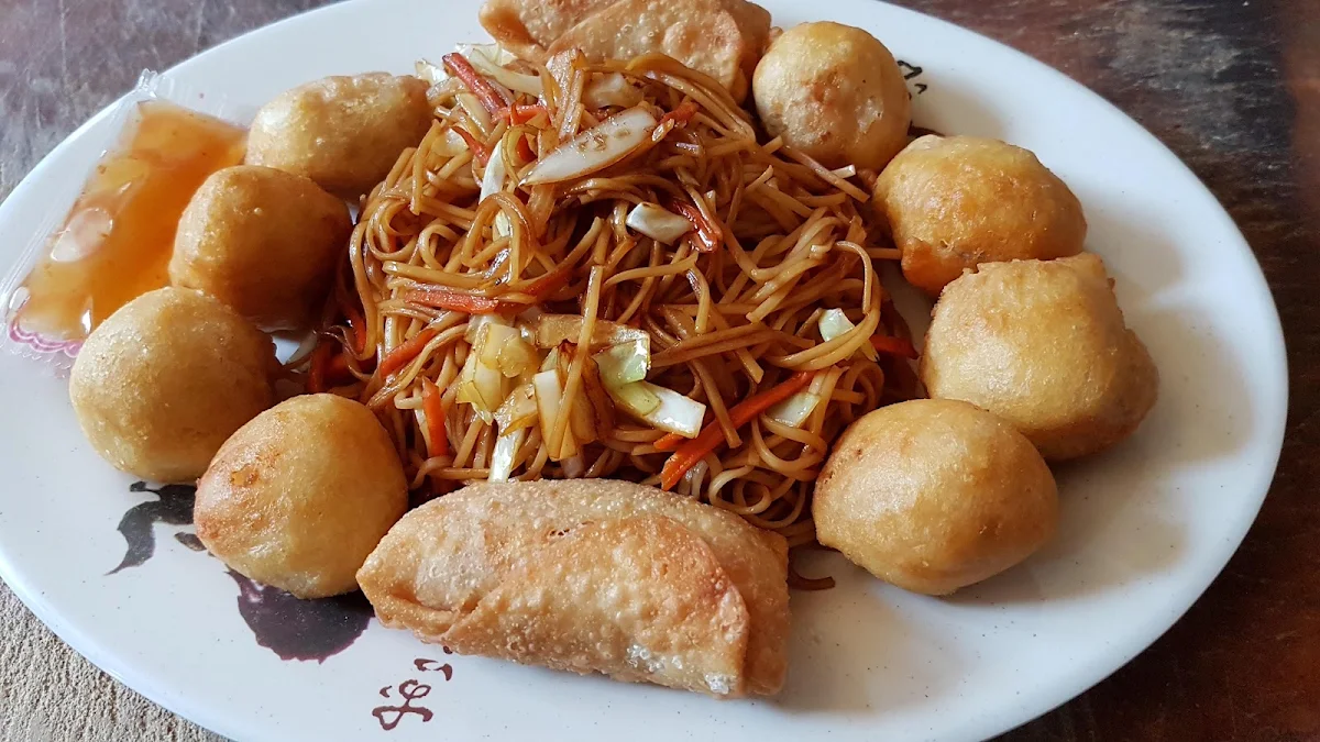 Vegetable Chow Mein with Chicken Balls and Egg Roll