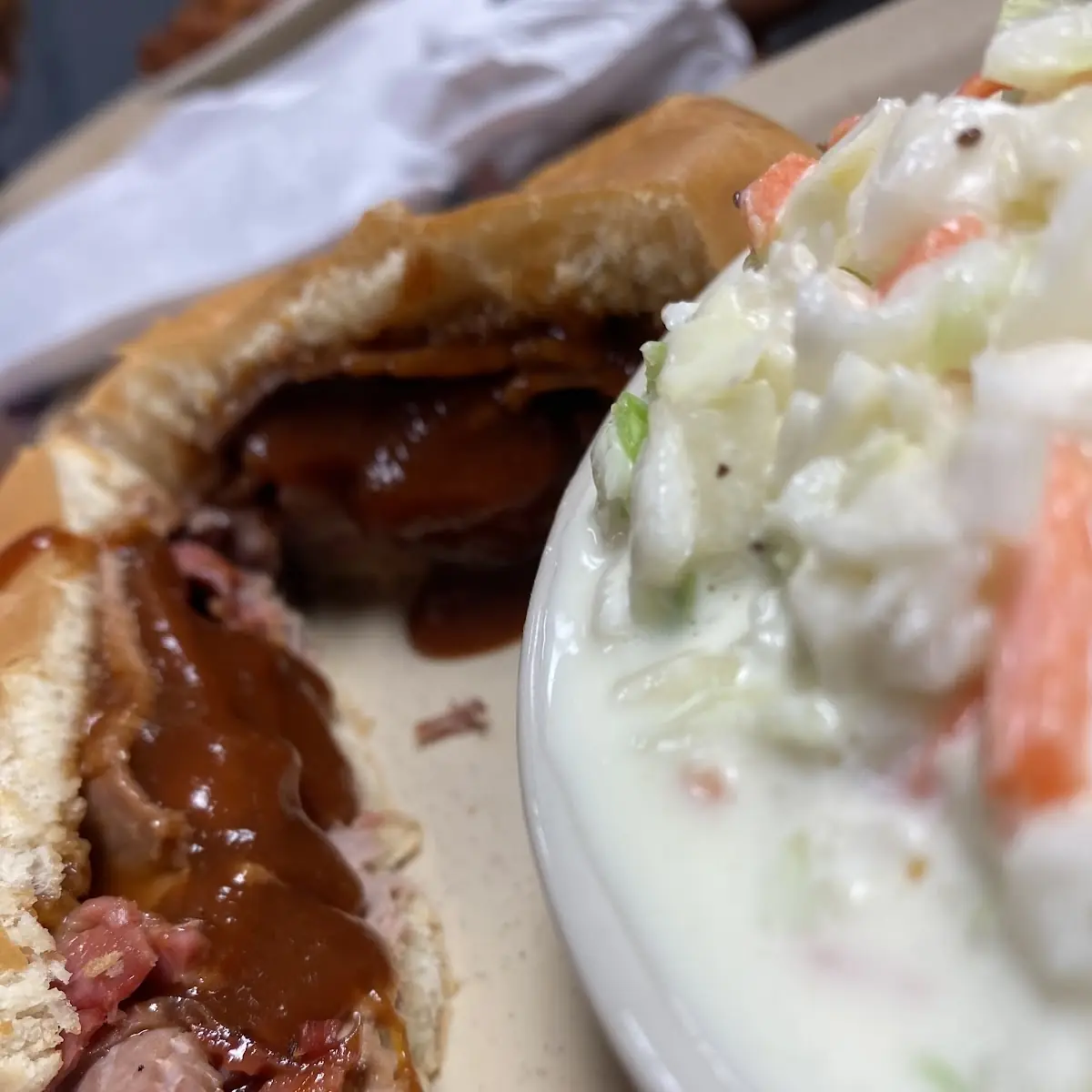 Sliced Beef Brisket Sandwich and Coleslaw
