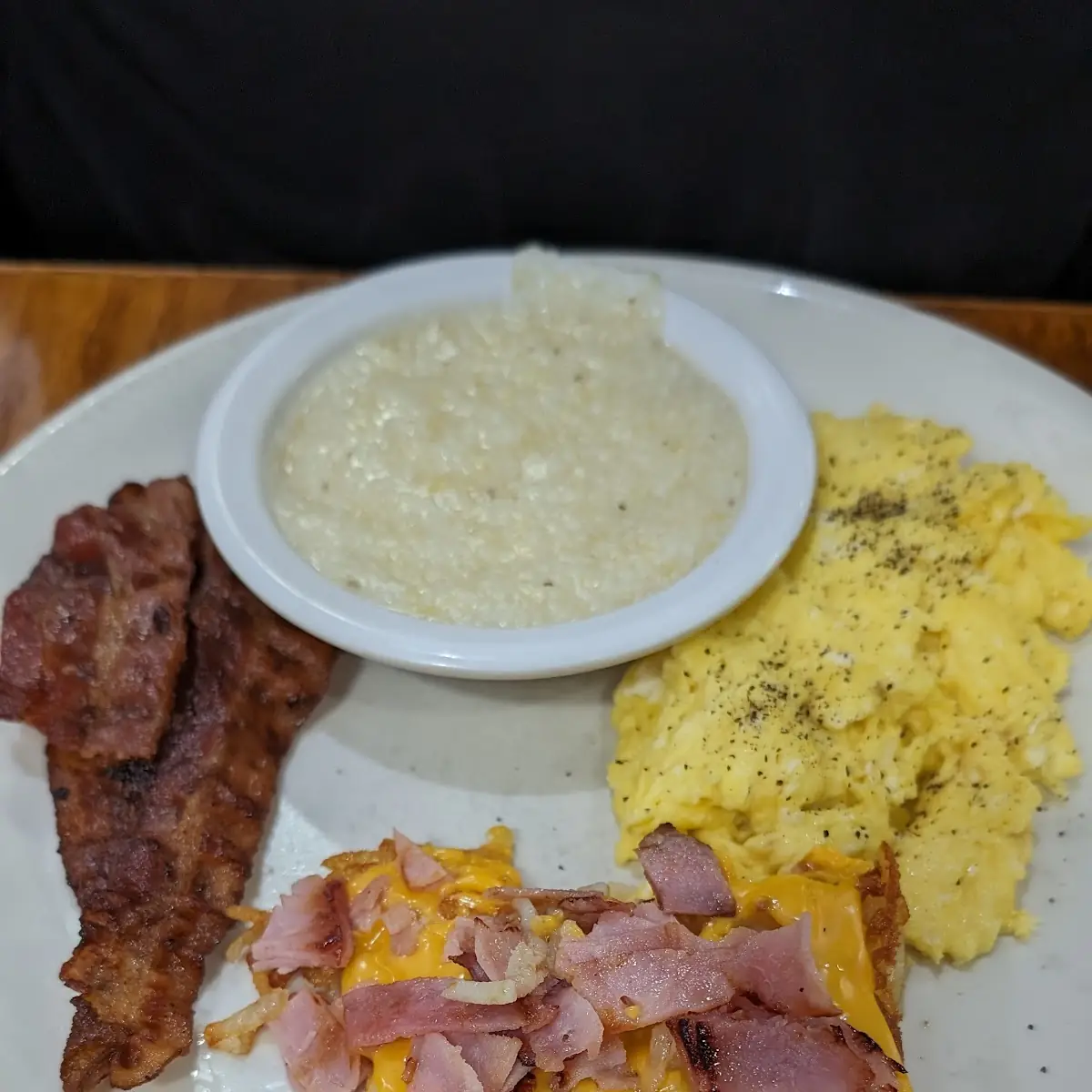 Bacon Ham Cheese Eggs and Grits