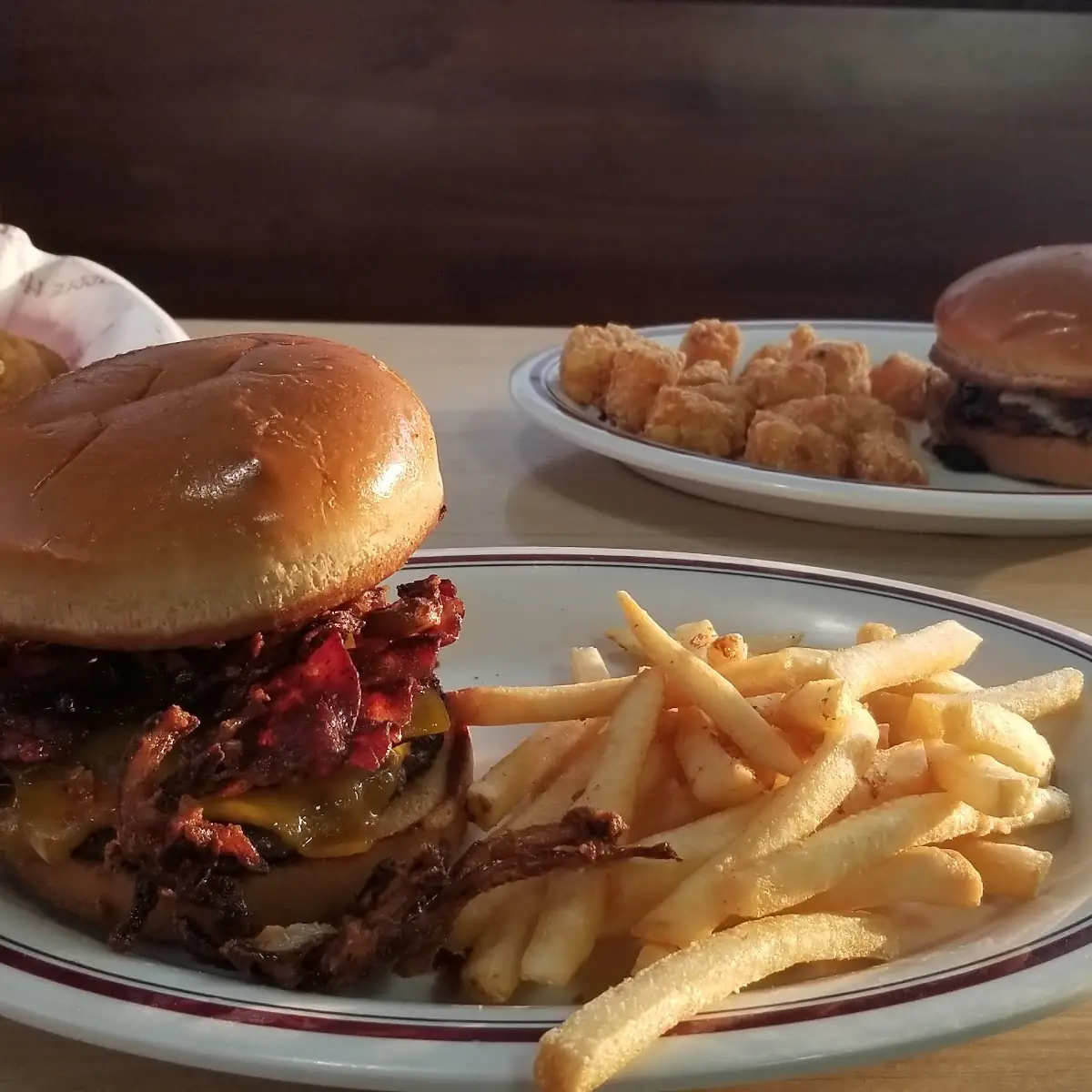 Huddle Up Sampler Platter Roasted Prime Rib Tips with Tater Tots BBQ Bacon Cheeseburger with Fries