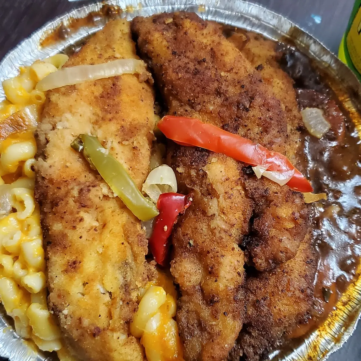 Fish Baked Mac and Cheese Rice Peas Brown Stew Gravy