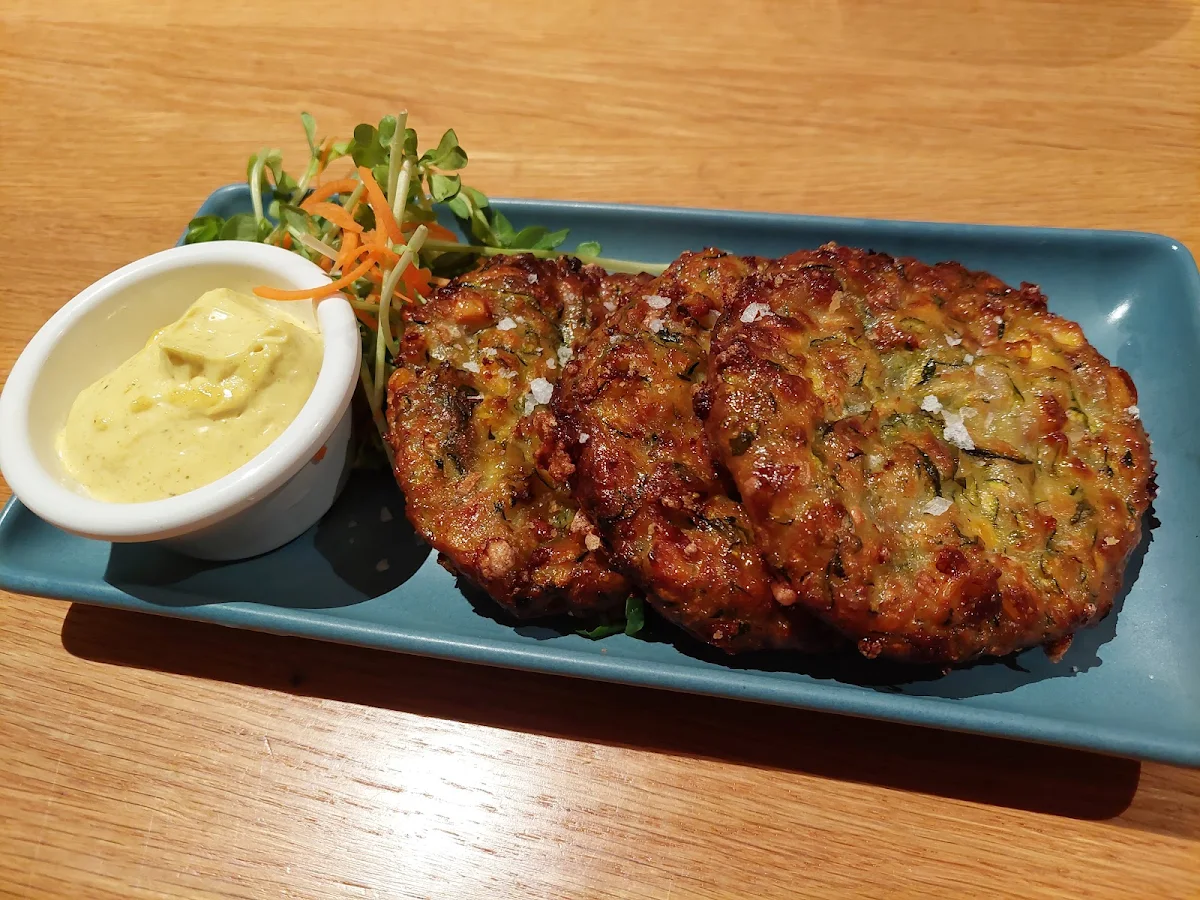 Zucchini and Corn Fritters with Curry Aioli, Surfair Beach Hotel