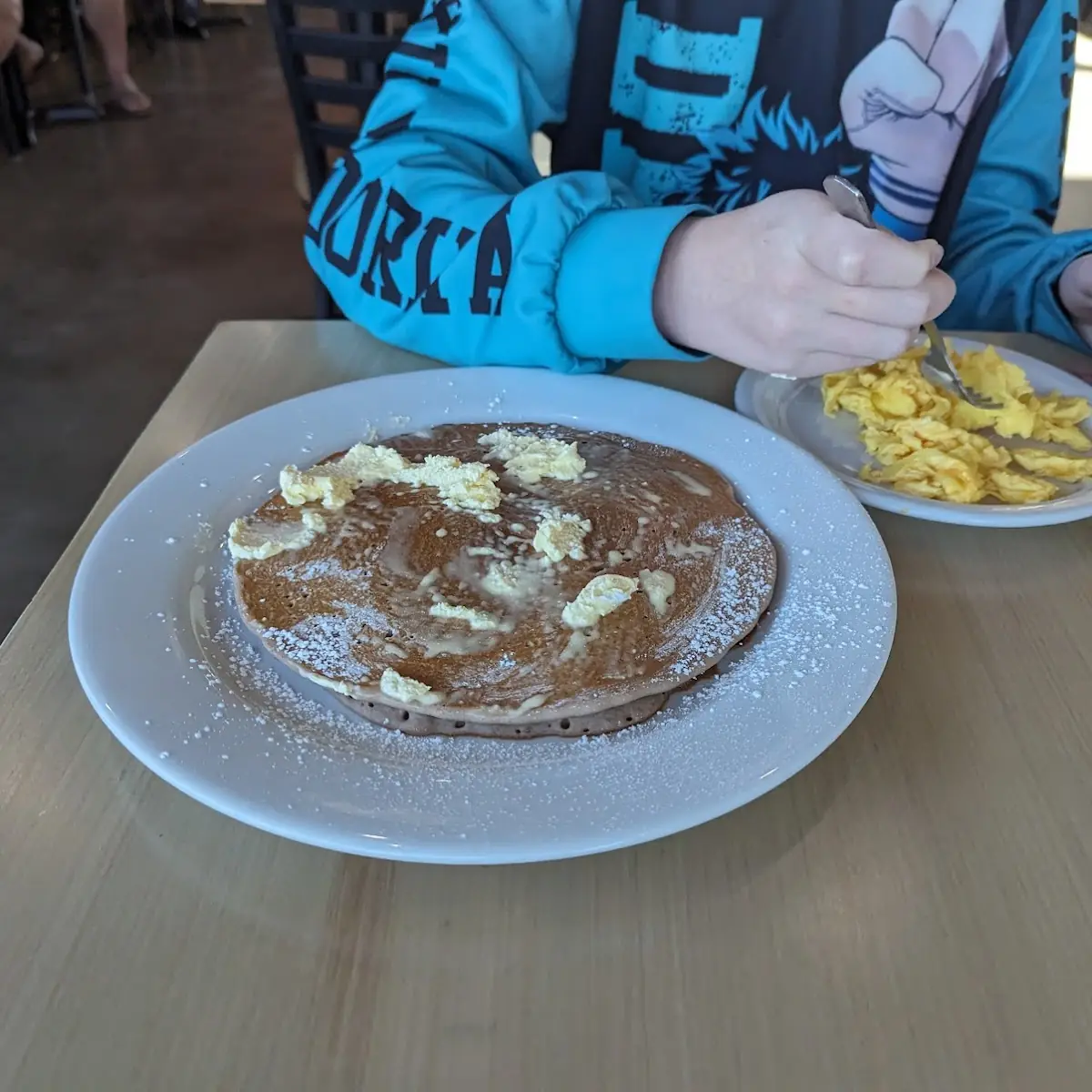 Chocolate Pancake and Side of Scrambled Eggs