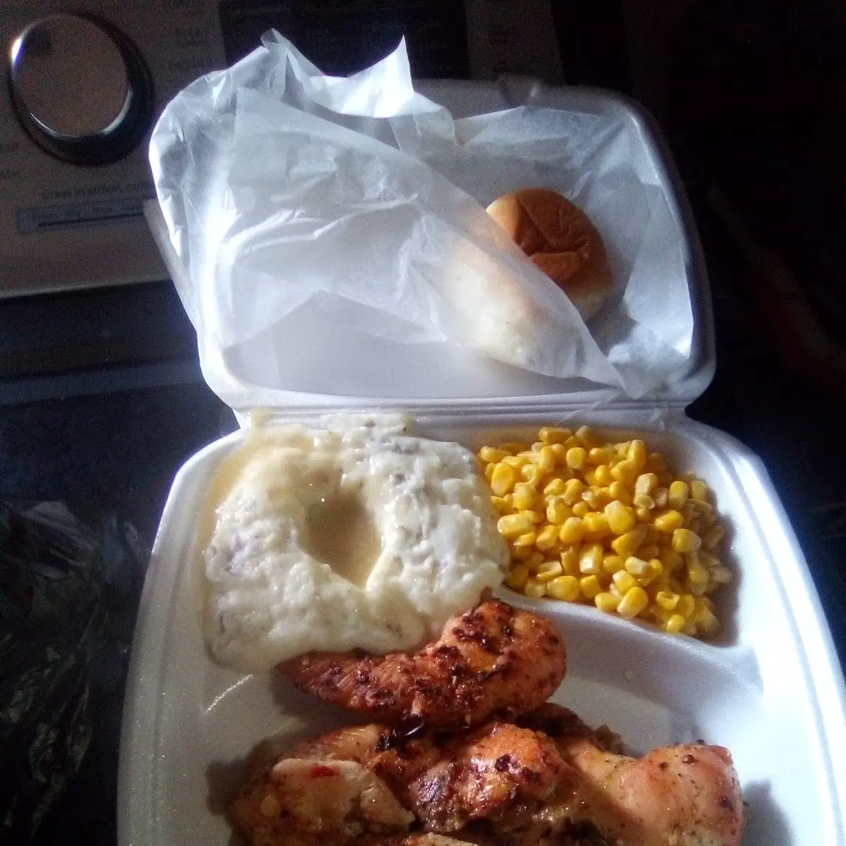 Baked Chicken Mashed Potatoes and Gravy and Corn