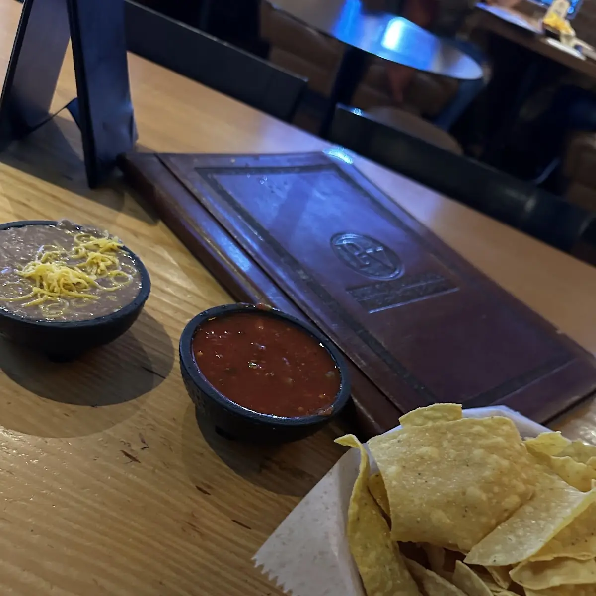 Chips Salsa and Bean Dip