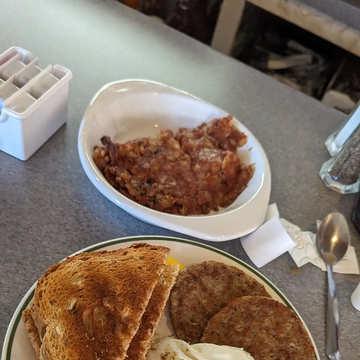 Sausage Patties Eggs over Easy White Toast