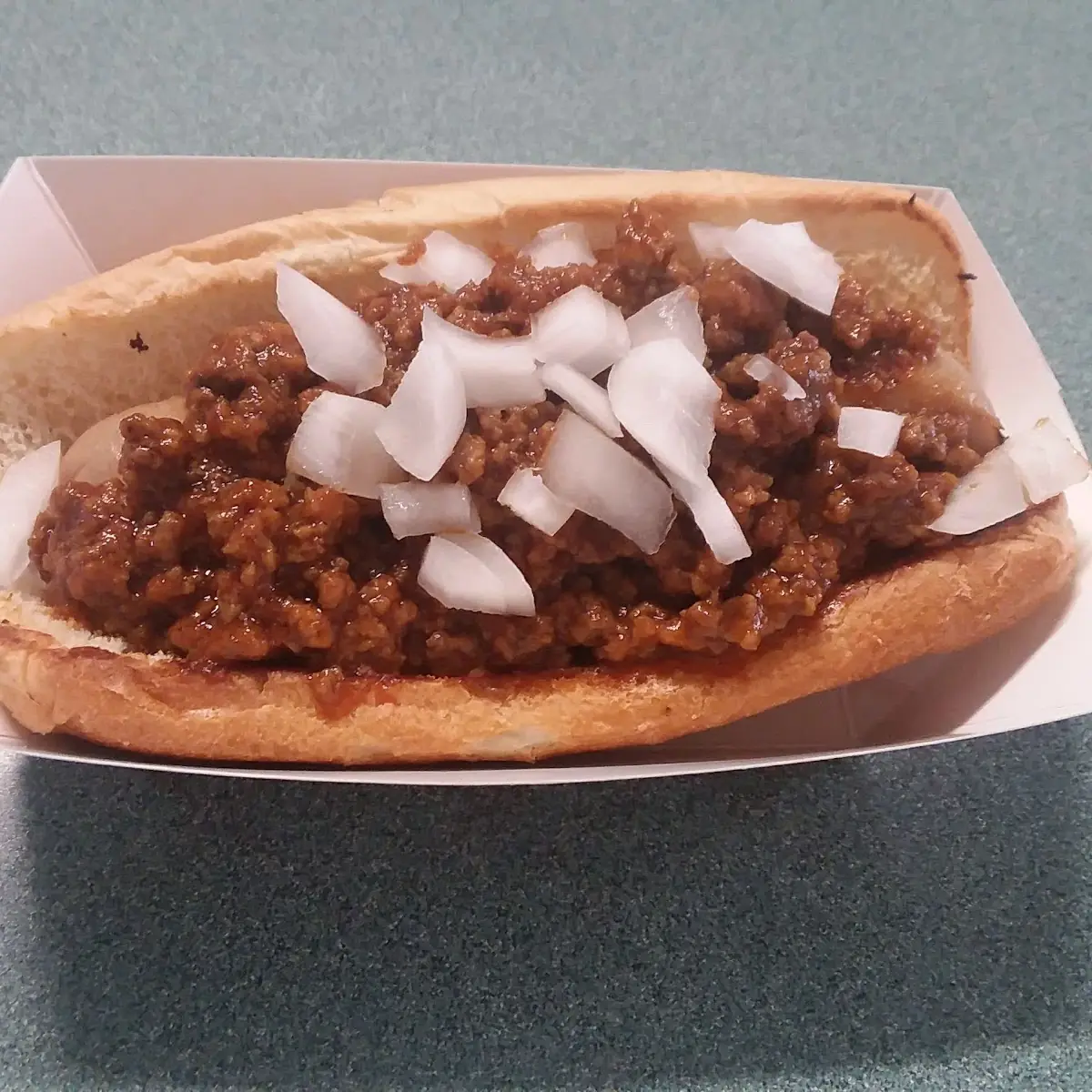 Hot Dog with Hot Meat Sauce and Onions