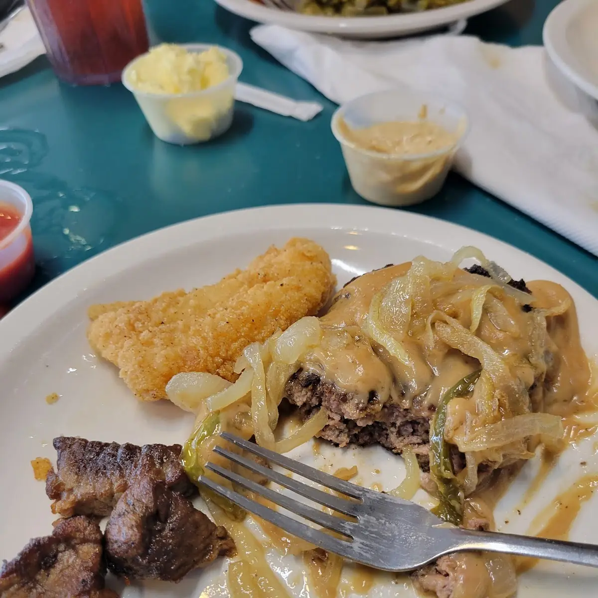 Hamburger Steak Onions Gravy and Fried Fish