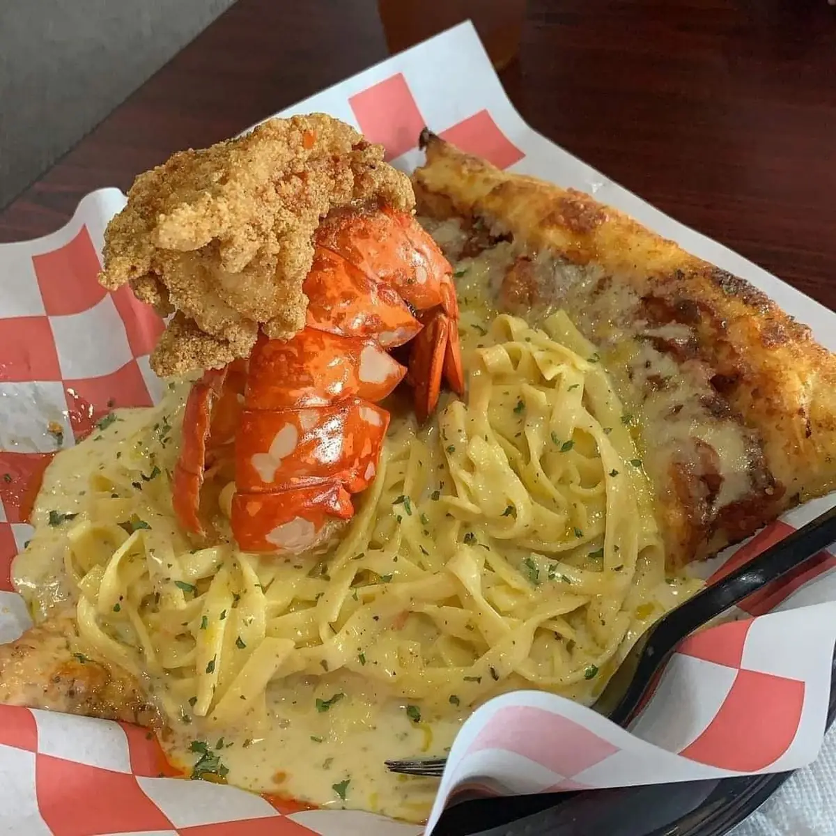 Fried Lobster Tail Pasta Pizza Slice