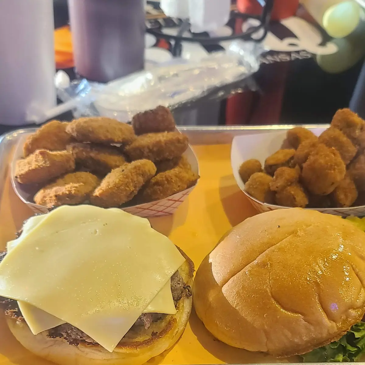 Cheese Burger with Fried Okra and Fried Pickles