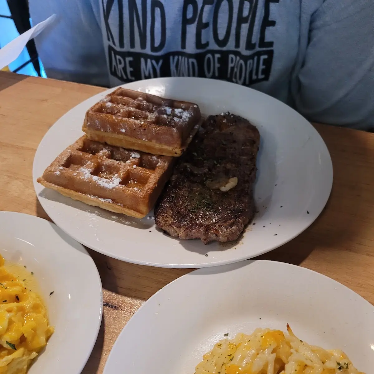 Steak Belgian Waffles and Cheese Potatoes