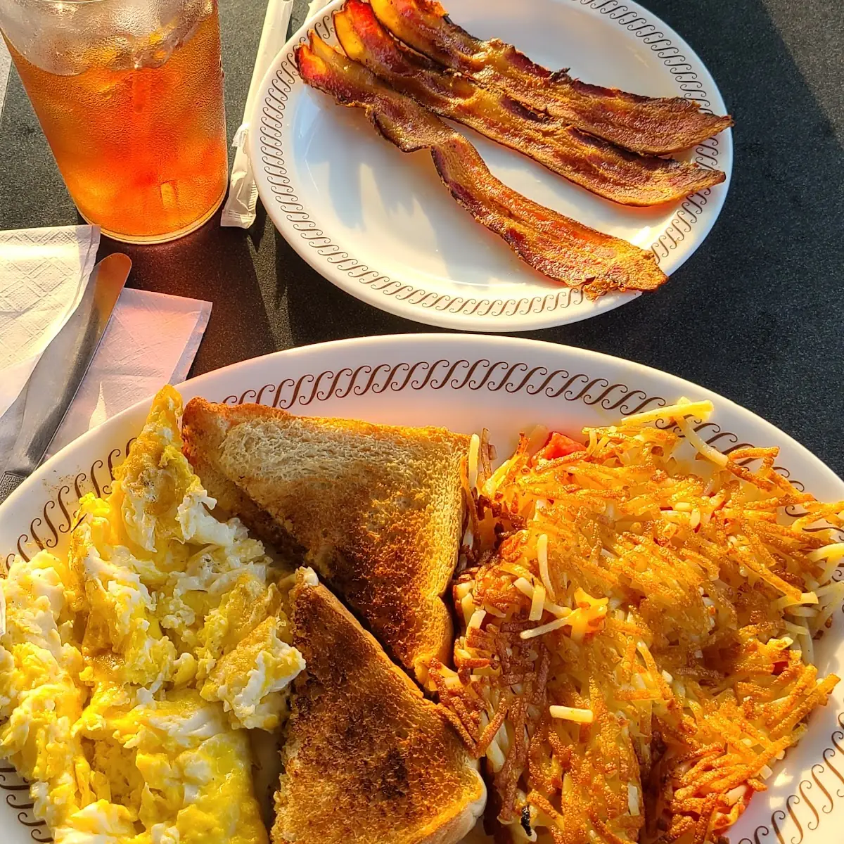 Scrambled Eggs Hash Browns and Bacon