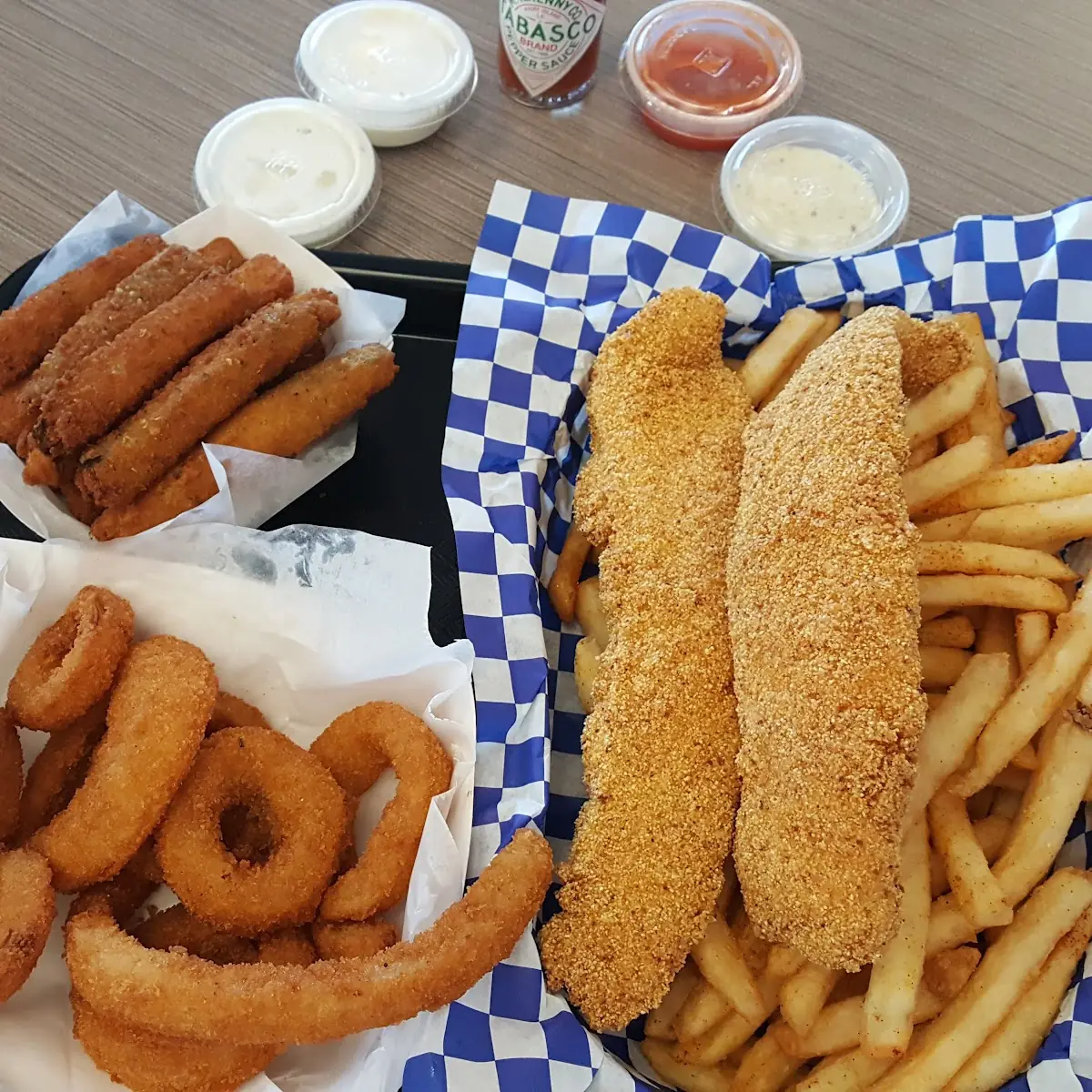 Catfish Fried Zucchini Sticks and Onion Rings