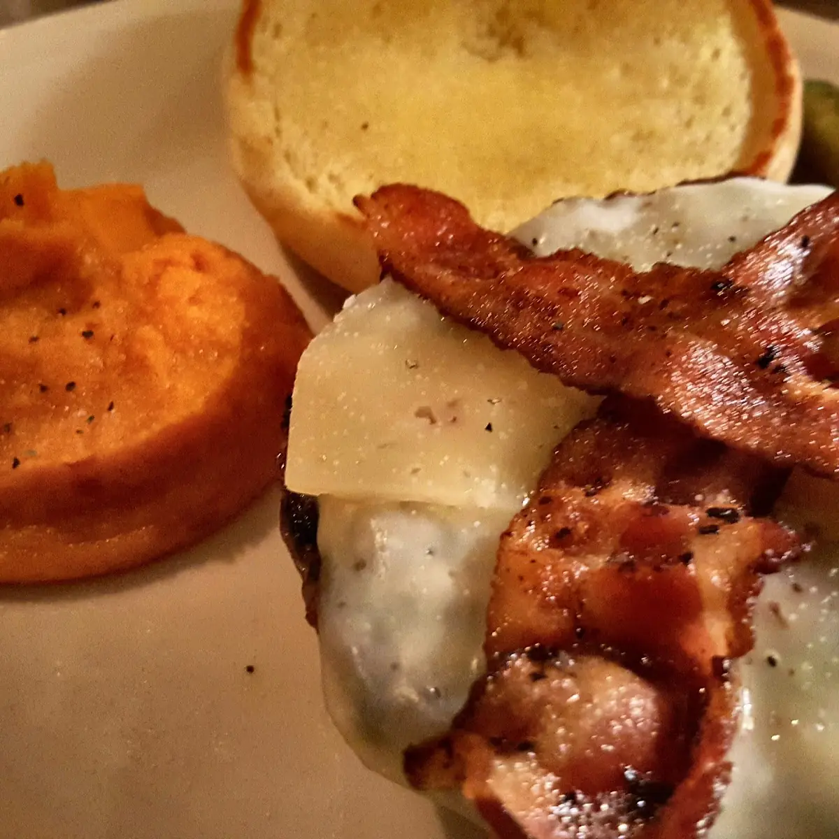 Bison Bacon Cheese Burger & Mashed Sweet Potatoes