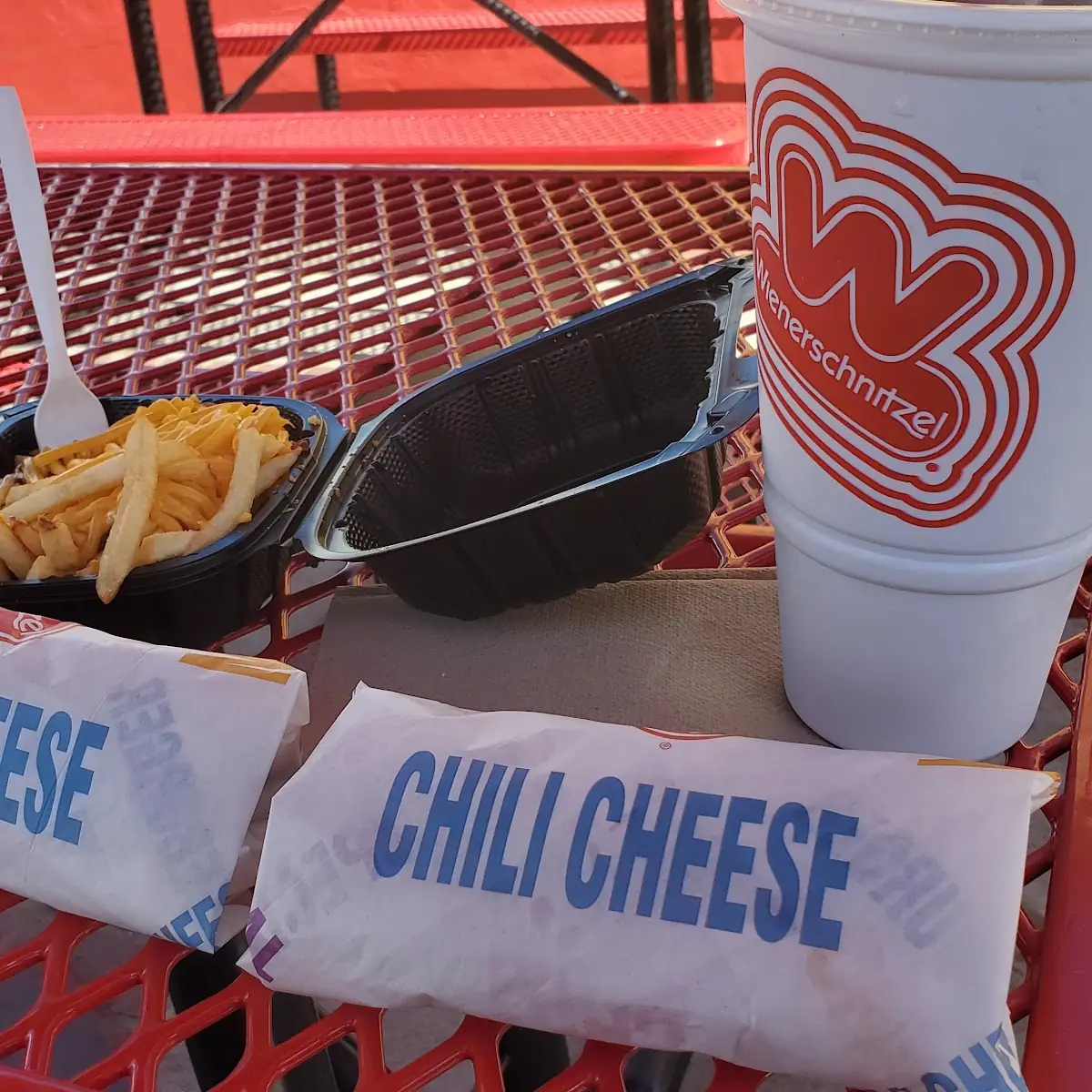 Chili Cheese Fries and Two Chili Cheese Dogs