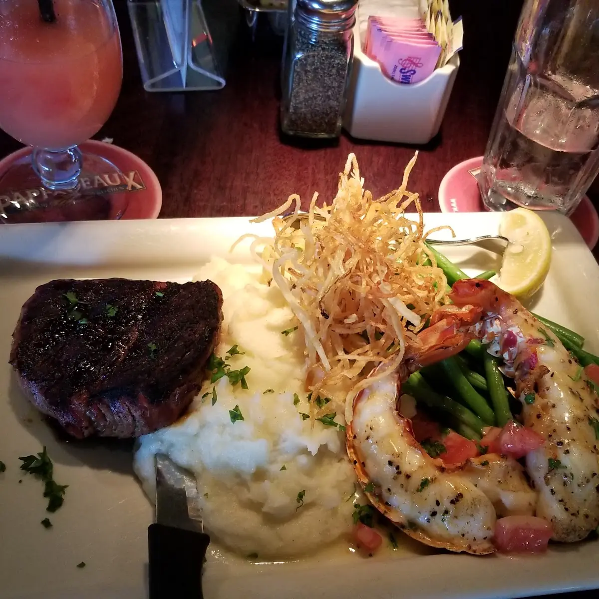 Filet Mignon & Grilled Rock Lobster with Mashed Potatoes & Fresh Green Beans
