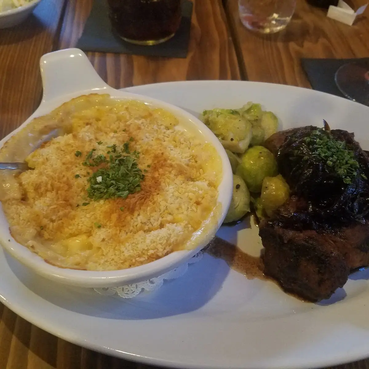 Flat Iron Steak with Brussel Sprouts and Surachi Mac and Cheese