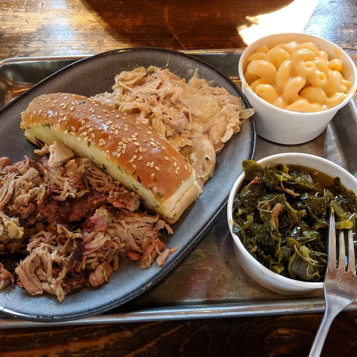 Pulled Pork Pulled Chicken Collard Greens Mac and Cheese